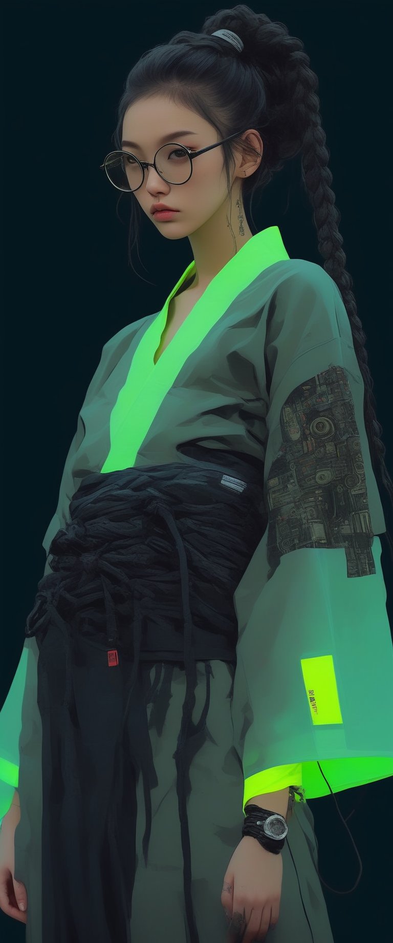 (cyberpunk girl like a samurai in the style of Conrad Roset, Nicola Samori), ultra realistic, (arbitrarily beautiful:1.4), full body, sexy female, (shiny black hair, long braids, neon glasses,transparet kimono),(neon lights) more detail XL, ct-fujiii, ct-goeuun,ct-jeniiii, ct-eujiiin,txznmec,ct-niji2,ct-niji3