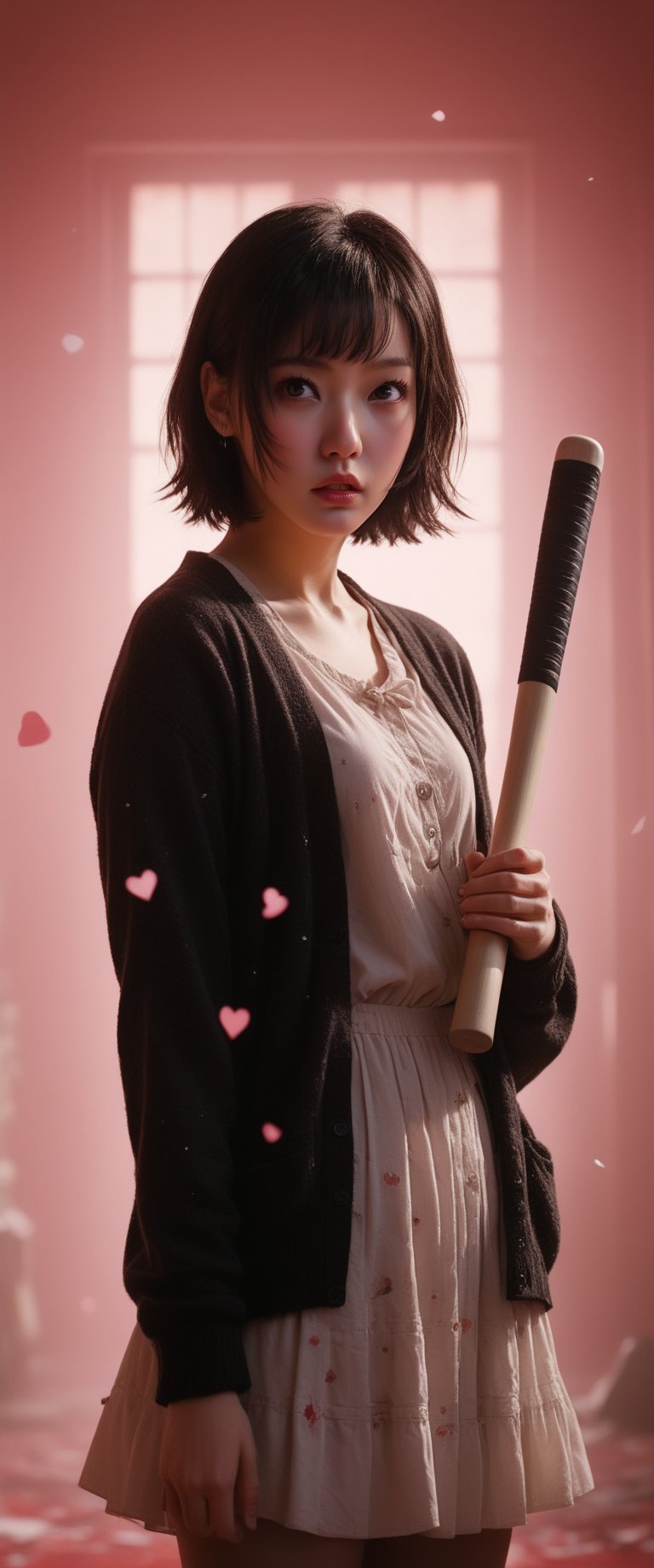 breathtaking ethereal RAW photo of female, ((best quality, 1girl, black hair, hair ornament, hairclip, black eyes, short hair, , black cardigan, cardigan, white dress, red ribbon, , angry,holding baseball bat, baseball bat, blushing, looking at viewer, hearts, sparkles, pink background, 5 fingers, perfect hands



 )), dark and moody style, perfect face, outstretched perfect hands. masterpiece, professional, award-winning, intricate details, ultra high detailed, 64k, dramatic light, volumetric light, dynamic lighting, Epic, splash art .. ), by james jean $, roby dwi antono $, ross tran $. francis bacon $, michal mraz $, adrian ghenie $, petra cortright $, gerhard richter $, takato yamamoto $, ashley wood, tense atmospheric, , , , sooyaaa,IMGFIX,Comic Book-Style,Movie Aesthetic,action shot,photo r3al ,bad quality image,oil painting, cinematic moviemaker style,Japan Vibes,H effect,koh_yunjung ,koh_yunjung,kwon-nara,sooyaaa,colorful,bones,skulls,armor,han-hyoju-xl
,DonMn1ghtm4reXL, ct-fujiii,ct-jeniiii, ct-goeuun,mad-cyberspace,FuturEvoLab-mecha,cinematic_grain_of_film,a frame of an animated film of,score_9,3D,style akirafilm,Wellington22A,Mina Tepes,lucia:_plume_(sinful_oath )_(punishing:_g,VAMPL, FANG-L ,kizuki_rei, ct-eujiiin,Jujutsu Kaisen Season 2 Anime Style,ChaHaeInSL,Mavelle,Uguisu Anko,Zenko,pale skin,Nayuta