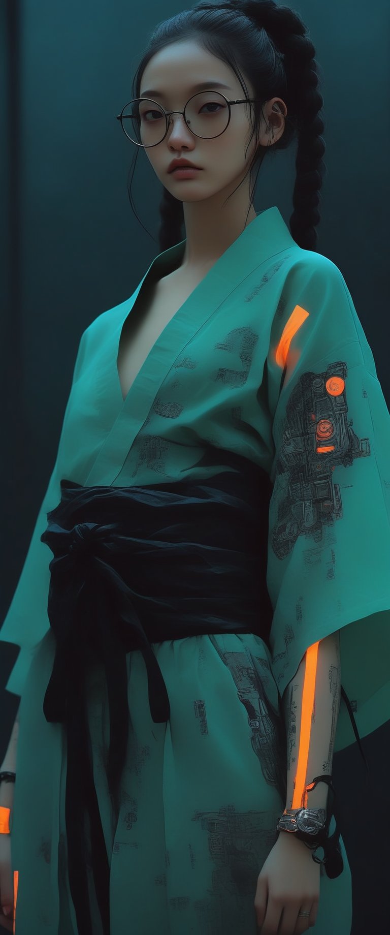 (cyberpunk girl like a samurai in the style of Conrad Roset, Nicola Samori), ultra realistic, (arbitrarily beautiful:1.4), full body, sexy female, (shiny black hair, long braids, neon glasses,transparet kimono),(neon lights) more detail XL, ct-fujiii, ct-goeuun,ct-jeniiii, ct-eujiiin,txznmec,ct-niji2,ct-niji3, ct-nijireal