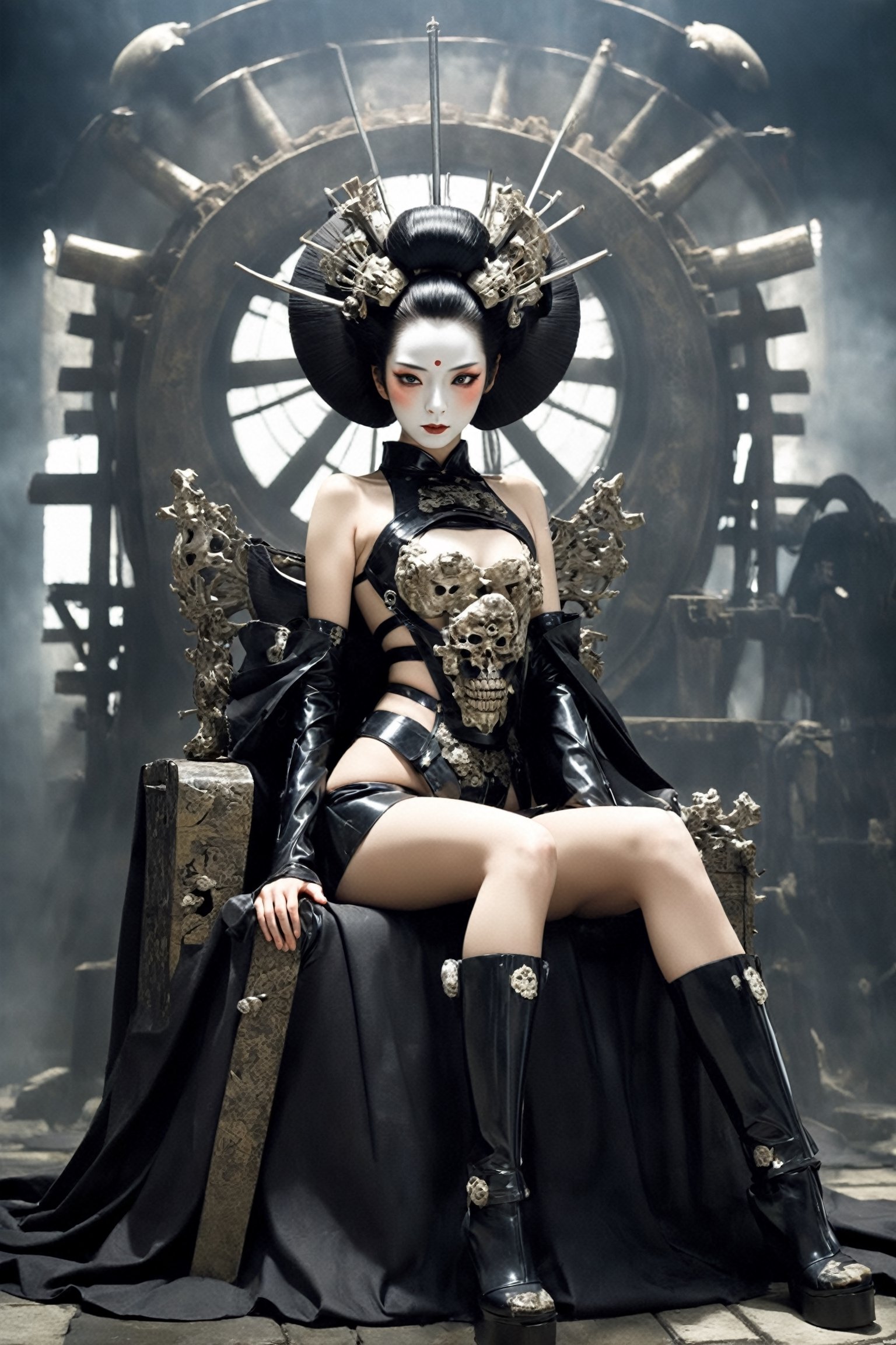 poster of a sexy  geisha [suffering,  burdened by the weight of a deception, burden]  in a  [throne of bones ], ,  very_high_resolution, latex clothing uniform, eye angle view,  , designed by  Dave Mckean,aw0k nsfwfactory,aw0k magnstyle,danknis,sooyaaa,Anime ,IMGFIX

