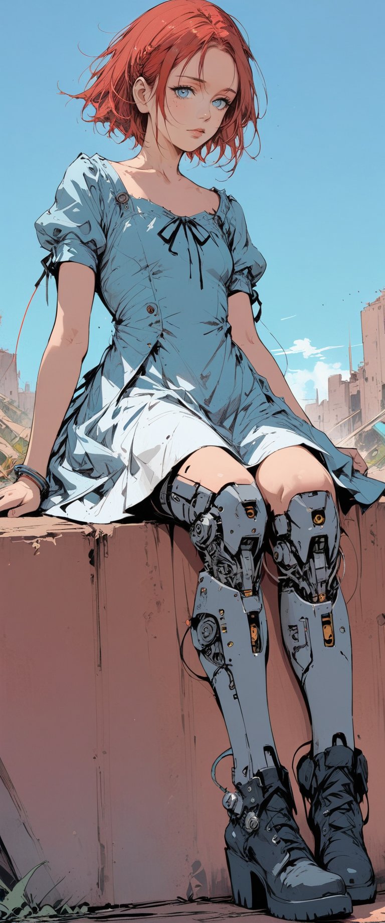 (byCarne Griffiths, Conrad Roset)
,1girl, solo, looking at viewer, short hair, bangs, blue eyes, dress, sitting, closed mouth, collarbone, short sleeves, red hair, boots, outdoors, sky, black footwear, white dress, mechanical legs,anime, (masterpiece:1.2)