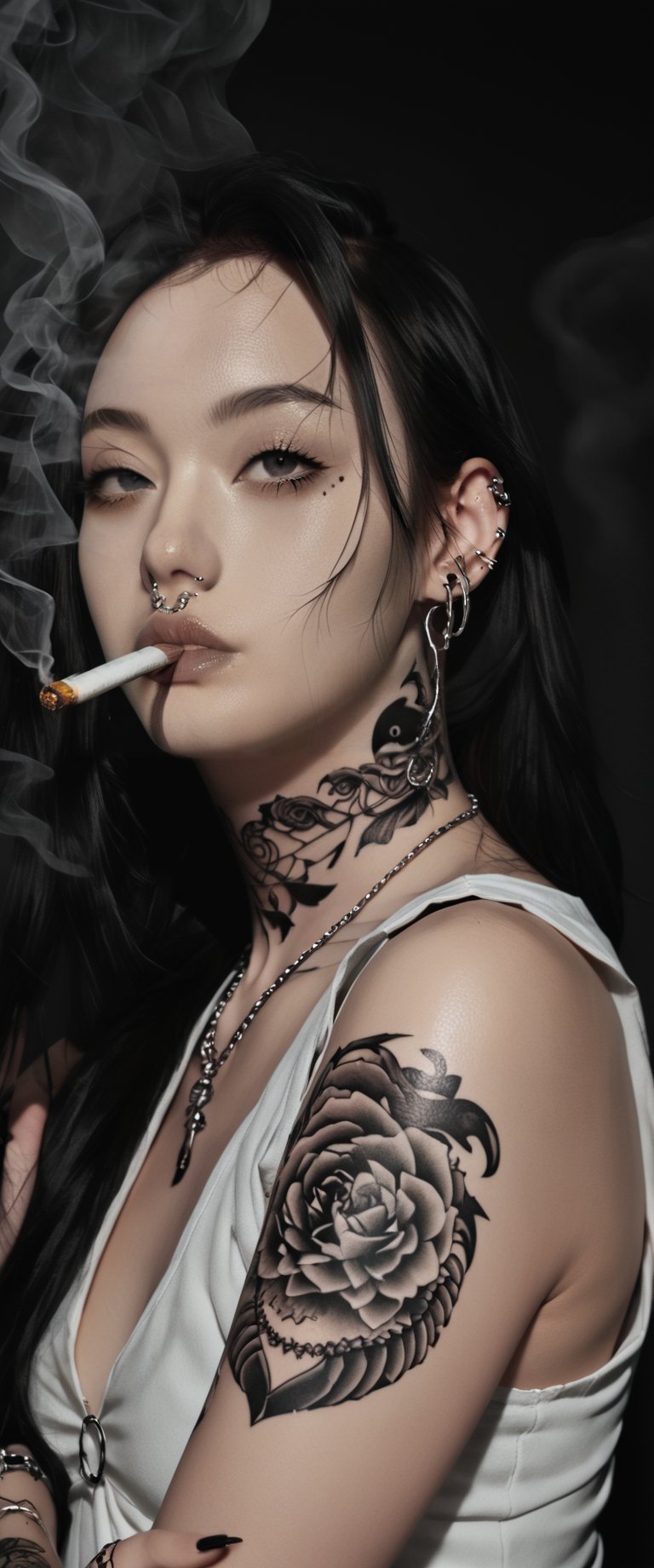 solo, long hair, looking at viewer, 1 girl, holding, jewelry, monochrome, greyscale, female focus, earrings,, hood, tattoo, piercing, ear piercing, portrait, hood up, smoke, cigarette, smoking, arm tattoo, neck tattoo, lip piercing, hand tattoo