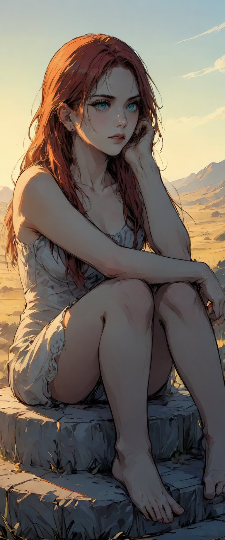 Red Sonja's battle-worn visage is bathed in a soft, golden light as she pauses beside her sword on a worn stone pedestal, the warm glow accentuating the rugged lines of her face. Her piercing green eyes, lost in thought, seem to bore into the dusty landscape before her, the sun-scorched terrain stretching out like an endless expanse of untamed wilderness.