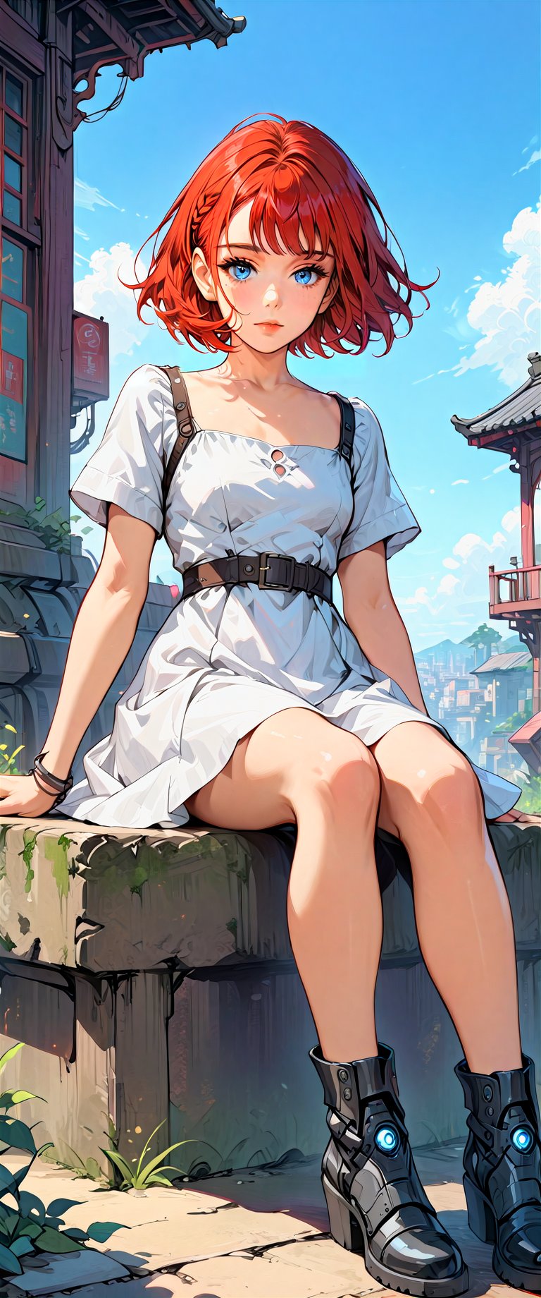1girl, solo, looking at viewer, short hair, bangs, blue eyes, dress, sitting, closed mouth, collarbone, short sleeves, red hair, boots, outdoors, sky, black footwear, white dress, mechanical legs,anime, (masterpiece:1.2)