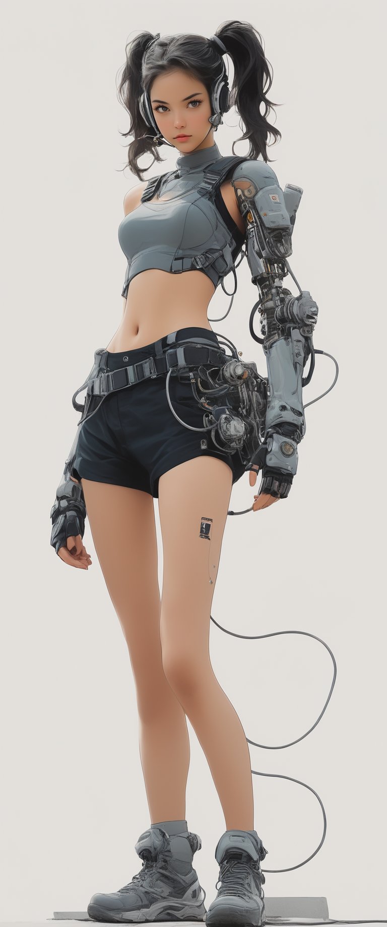 
A vibrant digital ilustration
A solo girl with long, flowing twintails stands confidently in front of a simple white background. Her gaze meets the viewer's as she proudly showcases her small breasts and navel. She wears short shorts with a thigh strap and a belt around her waist. A cyborg prosthetic arm protrudes from her shoulder, adorned with a cable and mechanical components. Her orange eyes gleam behind a mask and goggles, adding to her striking appearance.