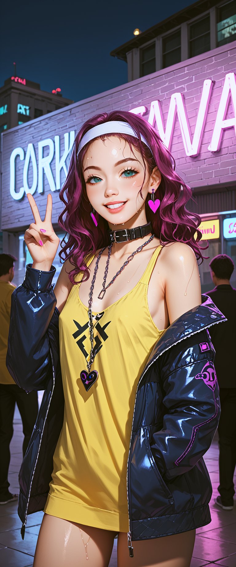 In a vibrant, neon-lit cityscape, a young woman with long, wavy hair and a mischievous grin, stands confidently amidst the urban night. She wears a black vinyl jacket, adorned with chunky chains and a collar of tiny tachuelas. Her white headband is tied around her forehead, holding back her wet locks. A DRONE 26K inscribed yellow tank top clings to her toned physique.

As she proudly holds up her hand in a V sign near her face, two purple hearts are painted on her cheeks, matching the playful tone of her outstretched tongue. Her large, rounded pink earrings bounce with each subtle movement.

The city's towering skyscrapers and bustling streets provide a futuristic backdrop, with neon lights reflecting off the wet pavement. The atmosphere is electric, capturing the carefree essence of this rebellious cyberpunk heroine, standing tall and unapologetic in her freedom and joy.,score_9