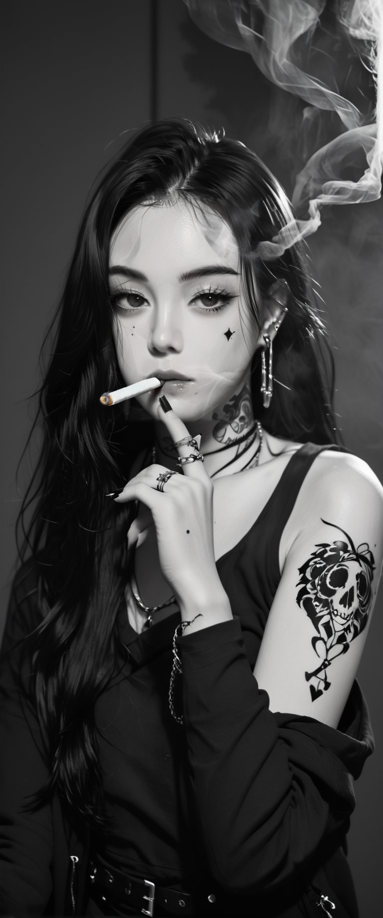 solo, long hair, looking at viewer, 1girl, holding, jewelry, monochrome, greyscale, female focus, earrings, , hood, tattoo, piercing, ear piercing, portrait, hood up, smoke, cigarette, smoking, arm tattoo, neck tattoo, lip piercing, hand tattoo