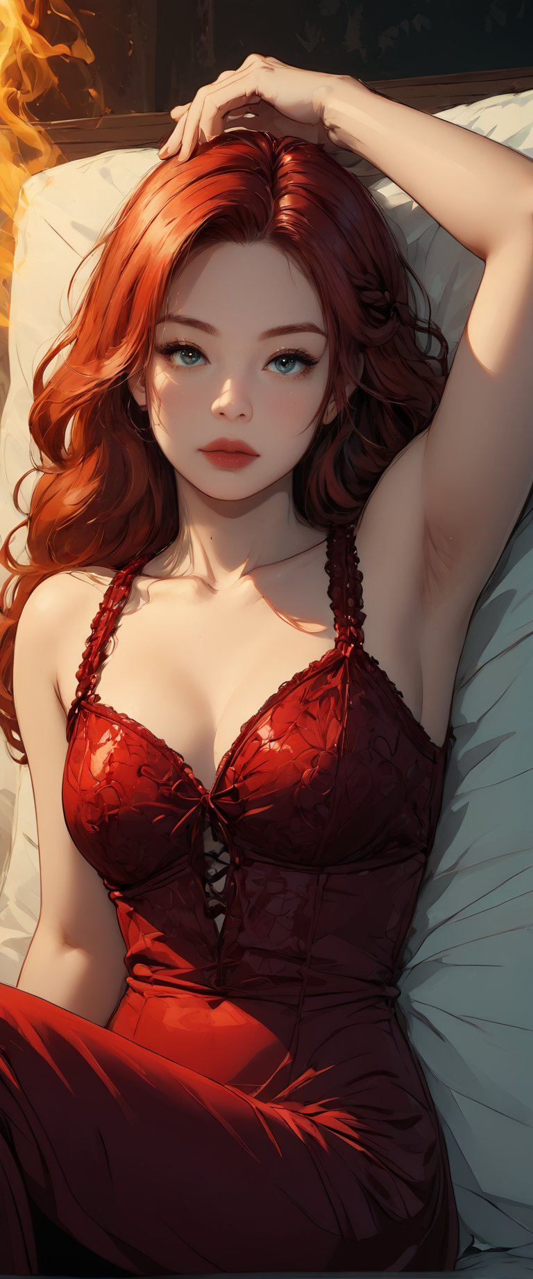 A crimson-haired Red Sonja lounges languidly on a velvet-draped divan, her curves accentuated by the soft lighting. She reclines on one elbow, her gaze cast downward as if lost in thought, her full lips parted slightly in a sensual pose. The rich red fabric of her dress seems to glow with an inner light, matching the fiery hue of her hair.