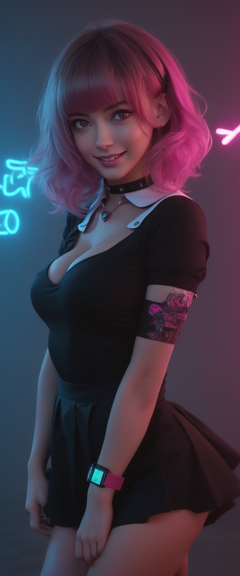 BEST QUALITY, HIGHRES, ABSURDRES, HIGH_RESOLUTION, MASTERPIECE, SUPER DETAIL, HYPER DETAIL, INTRICATE_DETAILS, LIGNE_CLAIRE, PERFECTEYES, DARK EYELASHES, EYELINER, SOFT GLOWING EYES, large breast, sexy body, 1girl, solo, (monja con una pistola y una cruz en el pecho, wojtek fus, monja guerrera cyberpunk, guweiz, Obra maestra de Guweiz, obra de arte al estilo de guweiz, James Gurney Brom, guillemos h. pongiluppi, estilo de raymond swanland, krenzcushart, inspirado en Raymond Swanland, ciberpunk ortodoxo, , , 
), looking at viewer, smile, bangs, hair ornament, pink hair, heart, choker, pink eyes, grin, collar, english text, bandaid, heart hair ornament, bandaid on face, colorful, sticker, neon lights, blacklight, collared shirt, rolled up sleeve, business skirt, full_body, view from away, facing_viewer,niji5,breasts,hourglass body shape, cleavage cutout, crouched
,Movie Still, ct-nijireal, ct-fujiii