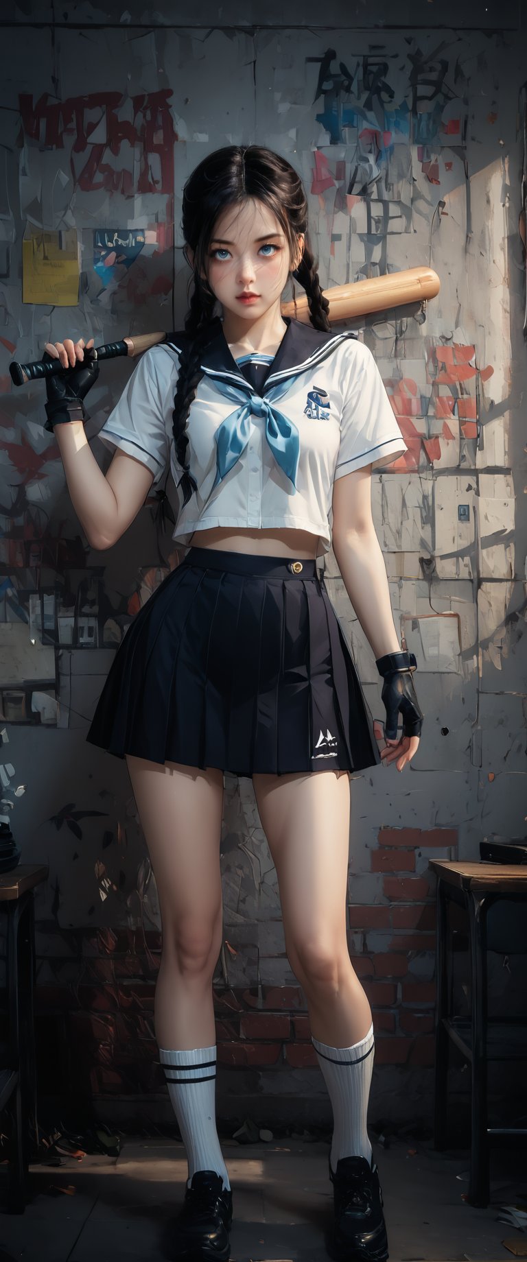 score_9, score_8_up, score_7_up,Masterpiece, highest quality,full body portrait of a [1girl, solo, long hair, looking at viewer, bangs, blue eyes, skirt, shirt, black hair, gloves, holding, twintails, closed mouth, school uniform, standing, weapon, braid, short sleeves, cowboy shot, pleated skirt, serafuku, black gloves, blunt bangs, black skirt, sailor collar, holding weapon, twin braids, lips, neckerchief, night, garter straps, midriff peek, blue neckerchief, baseball bat, holding baseball bat  , ], in the style of kawacy art,niji, maidcore,, ultra focus, , face realistic,hyperrealism painting ,real detailed face features ,real detailed hands features , , fantaerotic, perfect detailed hair , , meticulous detail ,, absurdes ,ct-virtual,finger heart, text "ctmaker"
, (best quality:1.2), ct-eujiiin,ct-virtual,score_6_up,tag score,ct-jeniiii, ct-fujiii,ruanyi0705