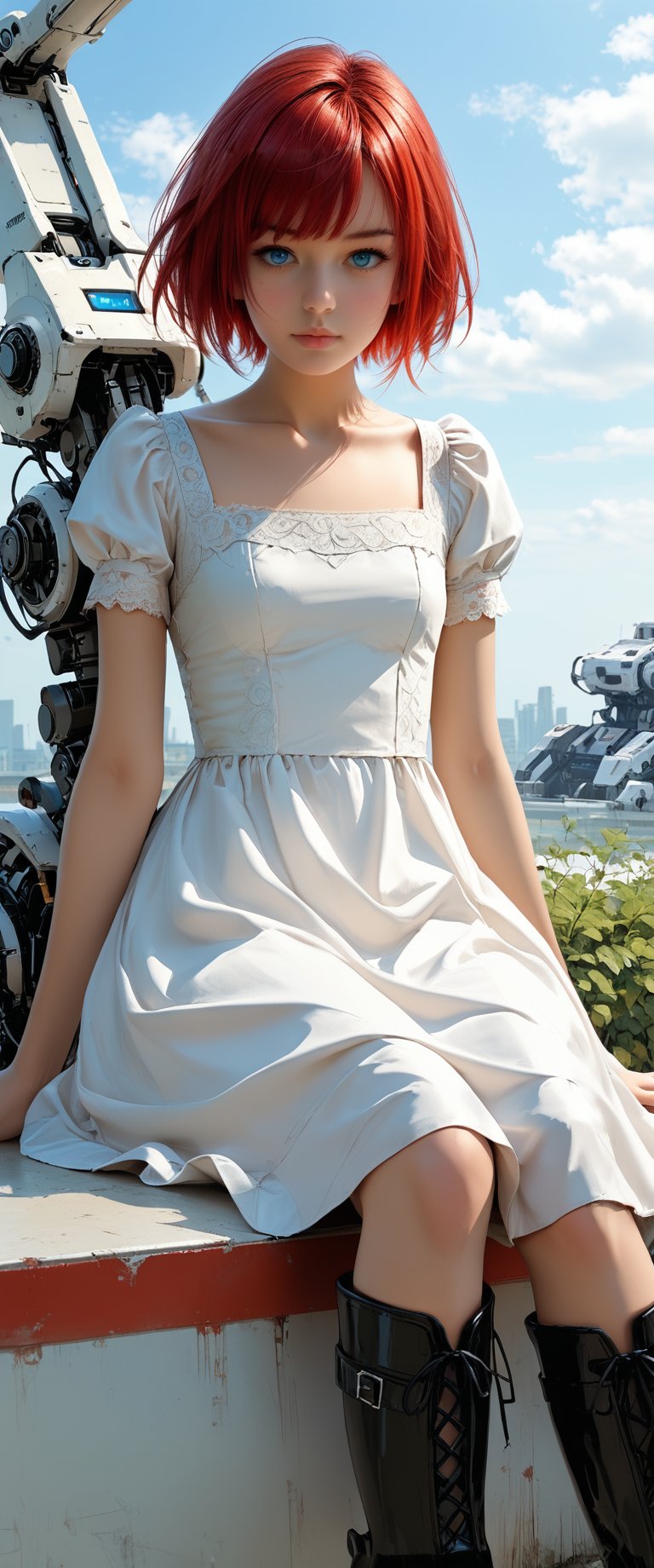 1girl, solo, looking at viewer, short hair, bangs, blue eyes, dress, sitting, closed mouth, collarbone, short sleeves, red hair, boots, outdoors, sky, black footwear, white dress, mechanical legs