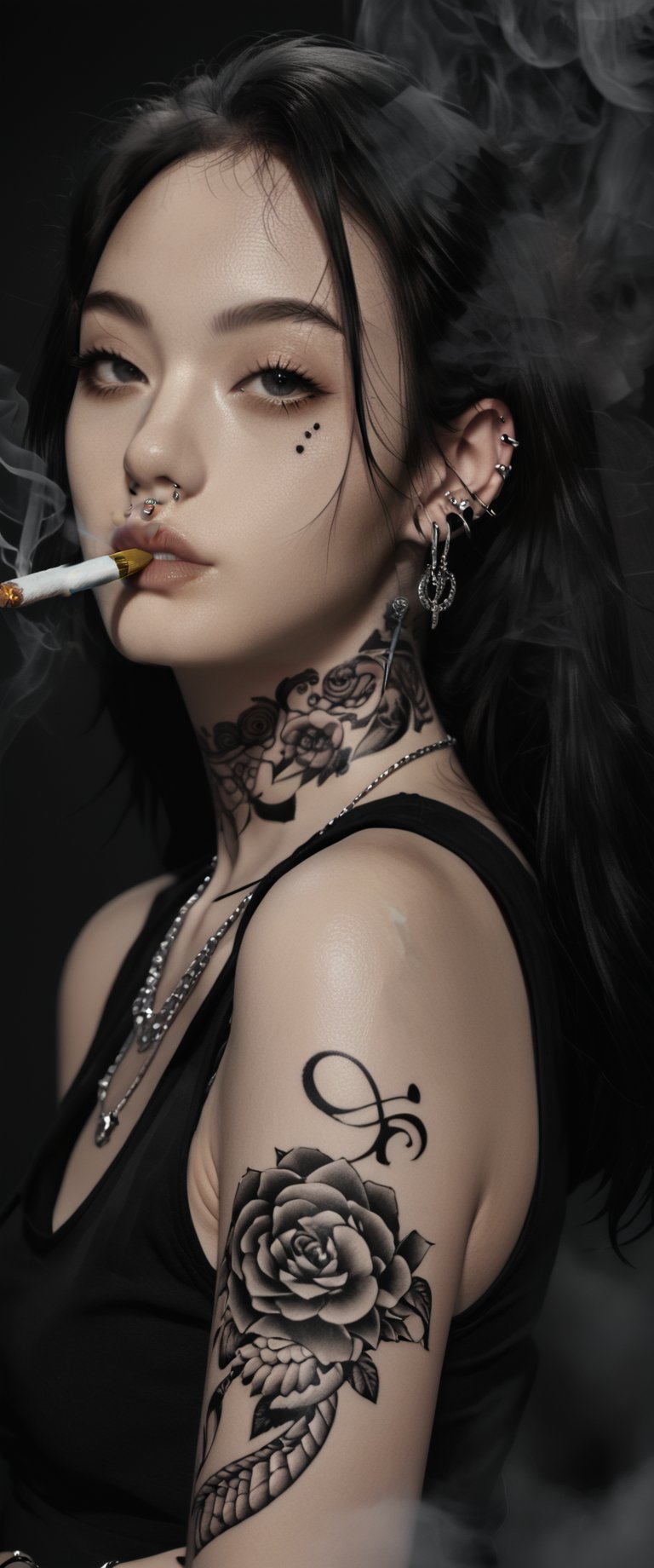 solo, long hair, looking at viewer, 1 girl, holding, jewelry, monochrome, greyscale, female focus, earrings,, hood, tattoo, piercing, ear piercing, portrait, hood up, smoke, cigarette, smoking, arm tattoo, neck tattoo, lip piercing, hand tattoo