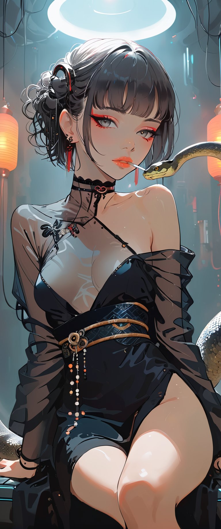 A femme fatale cyborg sits solo in a smoky cyberpunk club, petting a snake  as it gazes directly at the viewer. Her short hair and bangs frame her striking features, adorned with jewelry and a black choker. She dons a revealing seethrough kimono, paired with Japanese-style earrings. A cigarette dangles from her lips as she exudes an air of sexy sophistication, surrounded by the dark, gritty atmosphere of Conrad Roset's style.