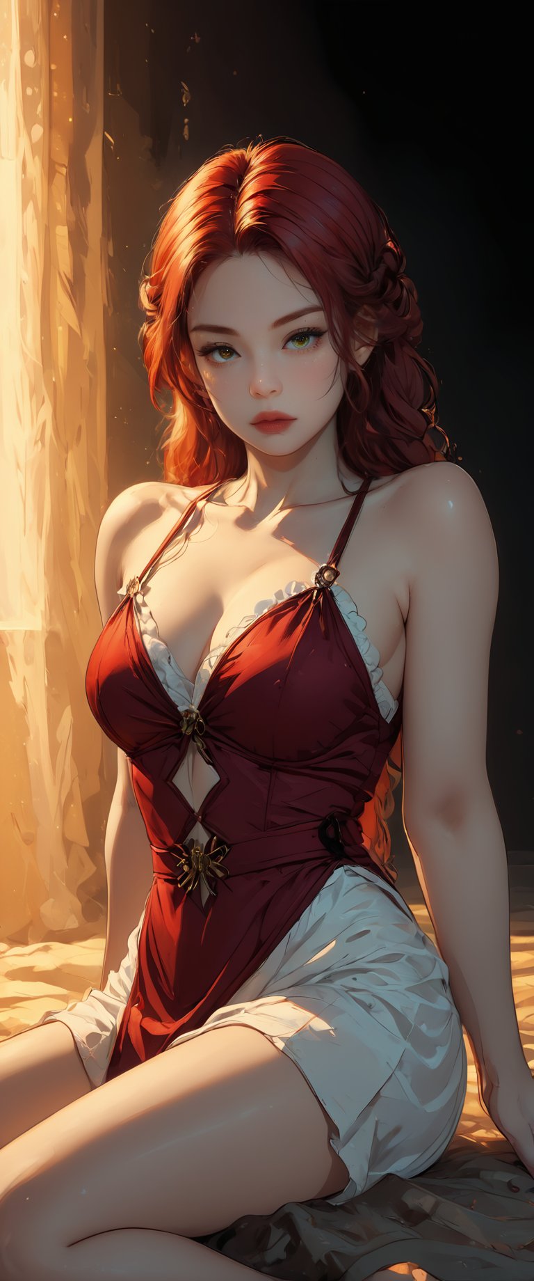 A crimson-haired Red Sonja lounges languidly on a velvet-draped divan, her curves accentuated by the soft lighting. She reclines on one elbow, her gaze cast downward as if lost in thought, her full lips parted slightly in a sensual pose. The rich red fabric of her dress seems to glow with an inner light, matching the fiery hue of her hair.