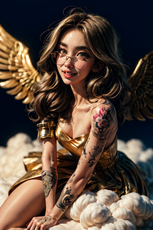 tattooed smiling angel girl with sunglasses glowing halo and wings sitting on a cloud, view from above, in the style of high dynamic range, kawaii art, light golden and light bronze, animated illustrations, daz3d, exotic realism, tattoo-inspired, vibrant manga, close-up intensity, japanese-inspired niji 5,SAM YANG,Detailedface