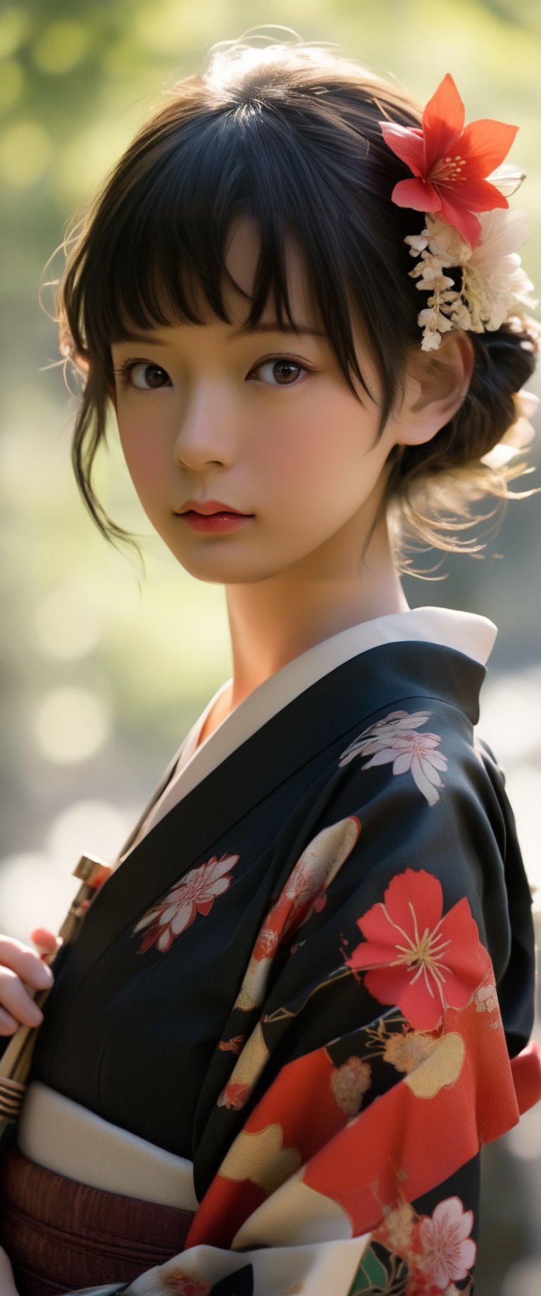 1girl, solo, looking at viewer, short hair, bangs, black hair, hair ornament, long sleeves, holding, brown eyes, closed mouth, standing, flower, sidelocks, cowboy shot, outdoors, parted lips, japanese clothes, day, hair flower, wide sleeves, kimono, blurry, from side, lips, looking to the side, sash, depth of field, blurry background, obi, floral print, bug, fire, red flower, butterfly, hand fan, backlighting, arm at side, yukata, print kimono, holding fan, black kimono, paper fan, 1girl, solo, looking at viewer, short hair, bangs, black hair, hair ornament, long sleeves, holding, brown eyes, closed mouth, standing, flower, sidelocks, cowboy shot, outdoors, parted lips, japanese clothes, day, hair flower, wide sleeves, kimono, blurry, from side, lips, looking to the side, sash, depth of field, blurry background, obi, floral print, bug, fire, red flower, butterfly, hand fan, backlighting, arm at side, yukata, print kimono, holding fan, black kimono, paper fan, cherry_blossom



,more detail XL, ct-eujiiin, ct-fujiii