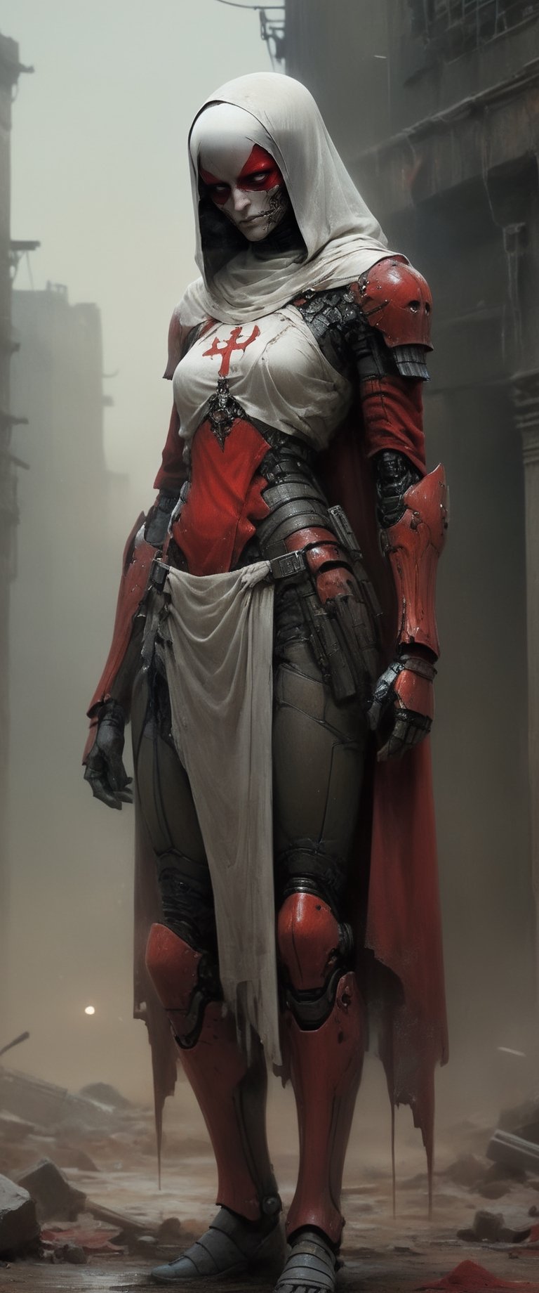 masterpiece, biomechanical legs, combat nun warriror, angry ,, stands arms on hips, red hood, combat ready in an dusty city post apocaliptic ruins, covered in dust, antion shot, movie still, volumetric light, dark and moody style, tense athmosfere, intrincate details, ultra high detallieded, Shattered Armor, rainy, mud,digital artwork by Beksinski