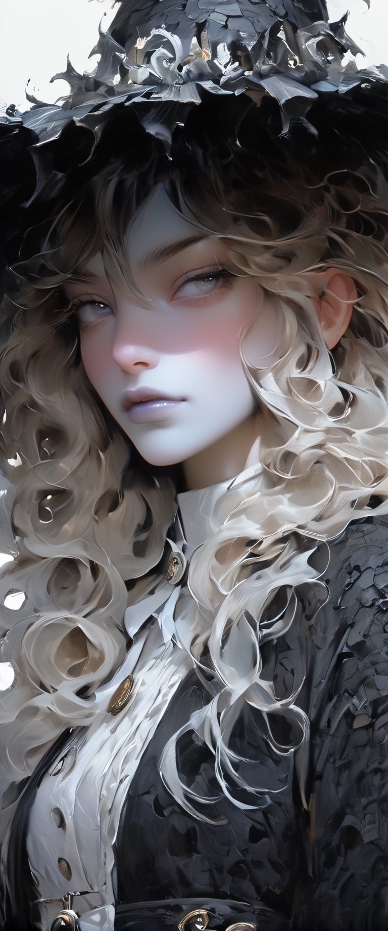 ((Add coprinus_comatus texture to her hat, witchhatshaped)), jagged edges, eye-catching detail, insanely intricate, vibrant light and shadow, beauty, textured, captivating, style of oil painting, modern ink, watercolor , brush strokes, negative white space,InkyCapWitchyHat,coprinus_comatus,ct-niji2,sooyaaa