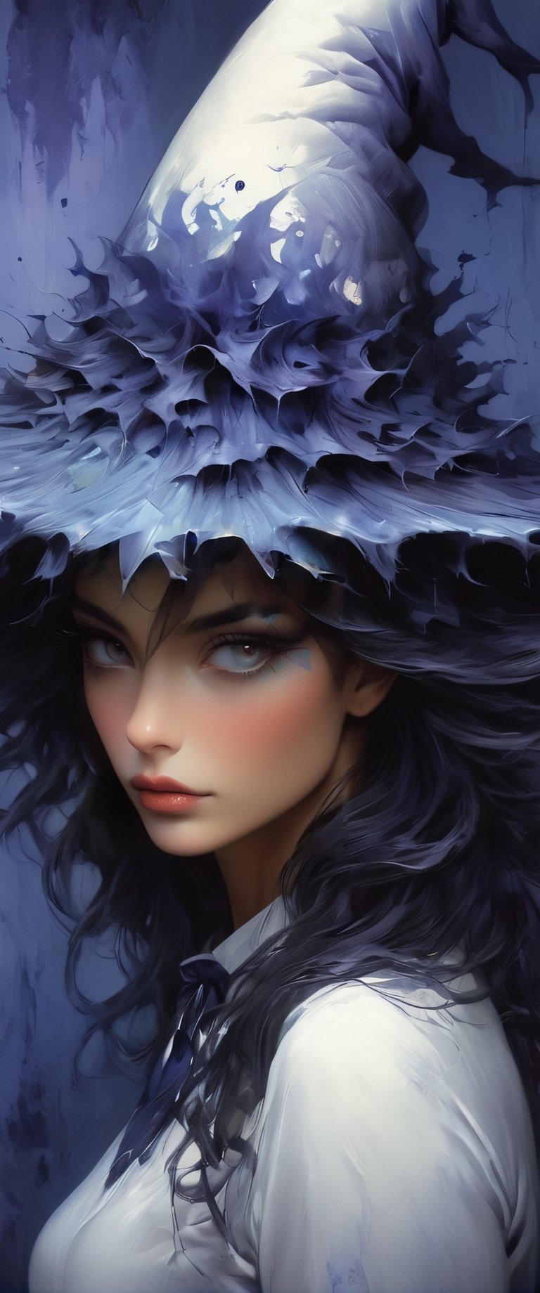 ((Add coprinus_comatus texture to her hat, witchhatshaped)), jagged edges, eye-catching detail, insanely intricate, vibrant light and shadow, beauty, textured, captivating, style of oil painting, modern ink, watercolor , brush strokes, negative white space,InkyCapWitchyHat,coprinus_comatus,ct-niji2,sooyaaa,porcellana style,DonMn1ghtm4reXL
