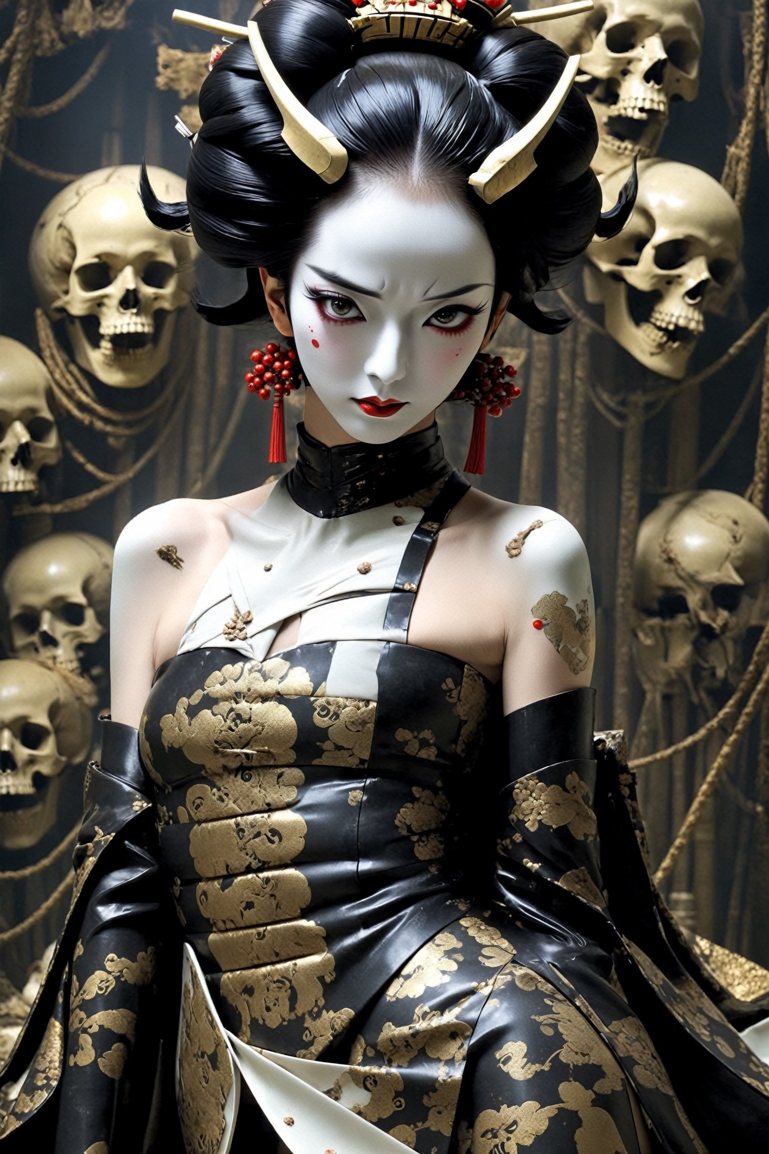 poster of a sexy  geisha [suffering,  burdened by the weight of a deception, burden]  in a  [throne of bones ], ,  very_high_resolution, latex clothing uniform, eye angle view,  , designed by  Dave Mckean,aw0k nsfwfactory,aw0k magnstyle,danknis,sooyaaa,Anime ,IMGFIX

