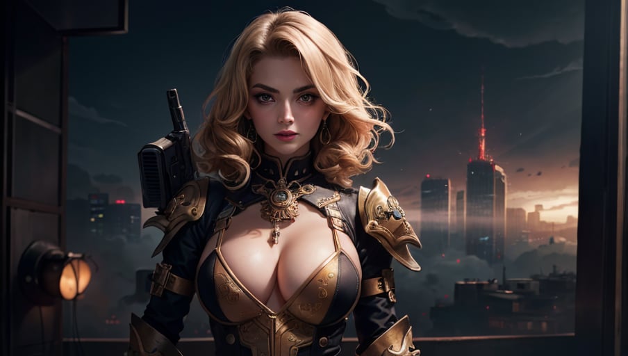 ((best quality)), ((masterpiece)), ((realistic)), (detailed),very complex hyper-maximalist overdetailed cinematic tribal Steampunk beautiful woman with blue windblown hair and techno armor holding a uzi-9mm machine gun in her right hand, ((Huge EE-cup breasts)), pale skin and dark eyes, flirting smiling confident seductive, gothic, windblown hair, vibrant high contrast, steampunk cityscape behind her, Omnious intricate, octane, moebius, dramatic lighting, orthodox symbolism Diesel punk, mist, ambient occlusion, dynamic pose, volumetric lighting, emotional, tattoos, shot in Tokyo, hyper detailed, 8k, Nikon Z9,mecha,jump