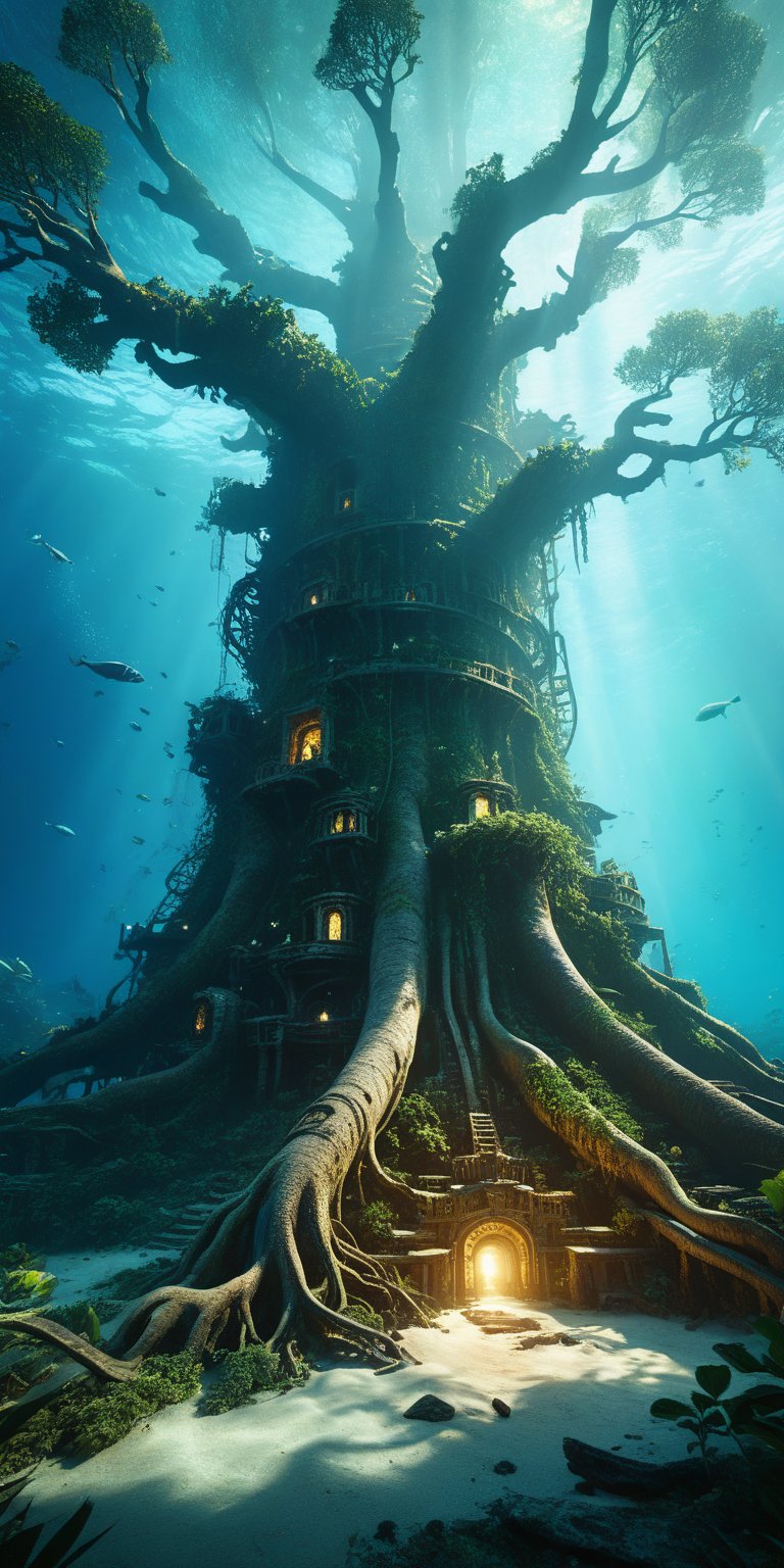 (Extremely detailed CG unity 8k wallpaper),(((Masterpiece))), (((Best Quality))), ((Ultra-detailed)), (Best Illustration),(best shadows), ((an extremely delicate and beautiful)),Masterpiece, best quality, 8K, high res, ultra-detailed,  A profound fantasy art of an underwater scene with a giant tree architecture made of ancient machinery that has its roots on the deep sea floor shrouded in darkness. A gigantic tree made from ancient machinery, with many small lights shining on its branches and leaves in the darkness. A group of mechanical ruins from a long-lost civilization that exudes eeriness, broken mechanical tower ruins, shattered remains of an unknown reactor, and a broken mechanical wall with weathered marks. A gigantic tree made from ancient machinery still continues to shine with the memories of those days as a beacon of hope, waiting for the time when it will one day fulfill its true role.