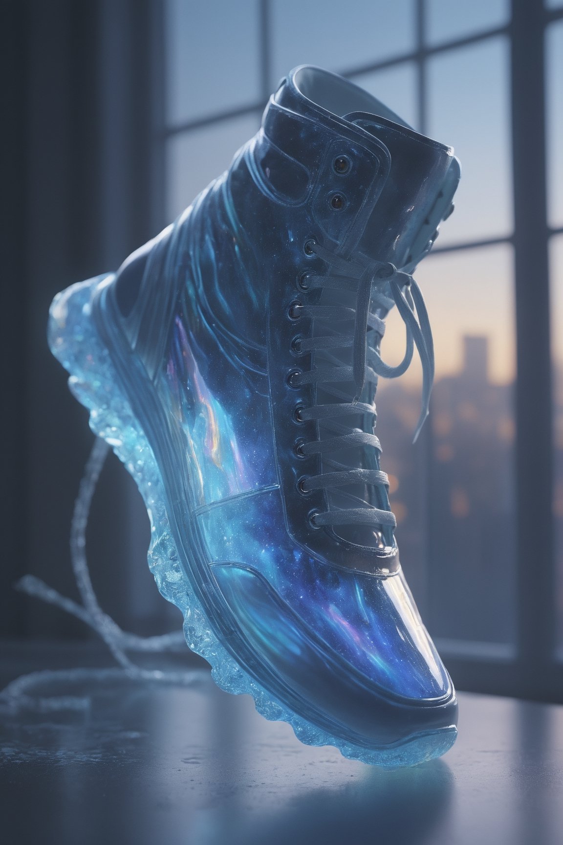 extremely delicate iridiscent sneakers made of glass, Product photography of transparent sneaker shoes, Epic rendering, octanerender, atmospurate, Particle, Soft volumetric light, (The light from the back window is backlighted:1.3), (cinematic light:1.3), Complicated details, (ArtStation:1.3), Blue drifting particles, glass technology, scifi, transparent, light diffraction, beautifully and intricately detailed, ethereal glow, best quality, glass art, magical glow,DonMPl4sm4T3chXL 