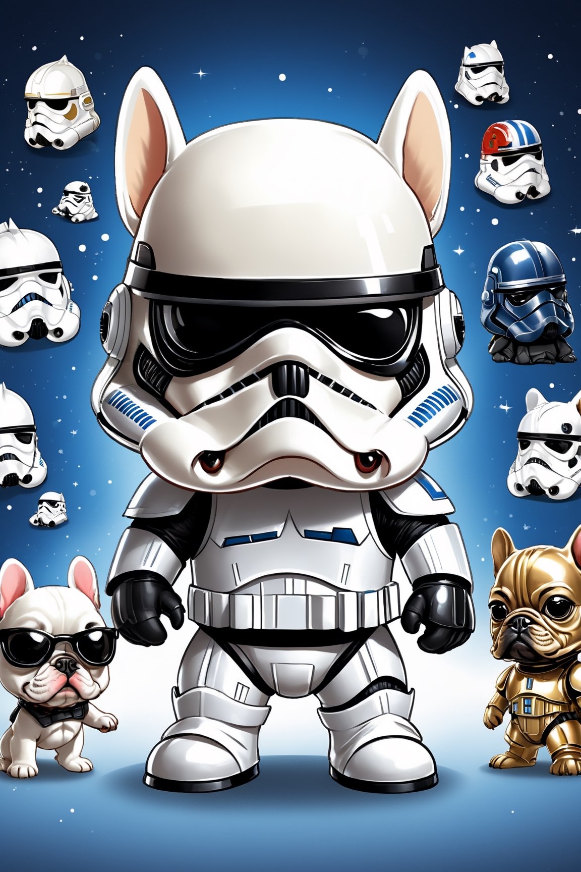 chibi, perfect-composition, Perfect pictorial composition, Creative poster, Cute, Cute Star Wars White Stormtrooper, wearing Mask and helmet, cartoon, french bulldog, (Detailed French Bulldog Appearance）,disney cartoon