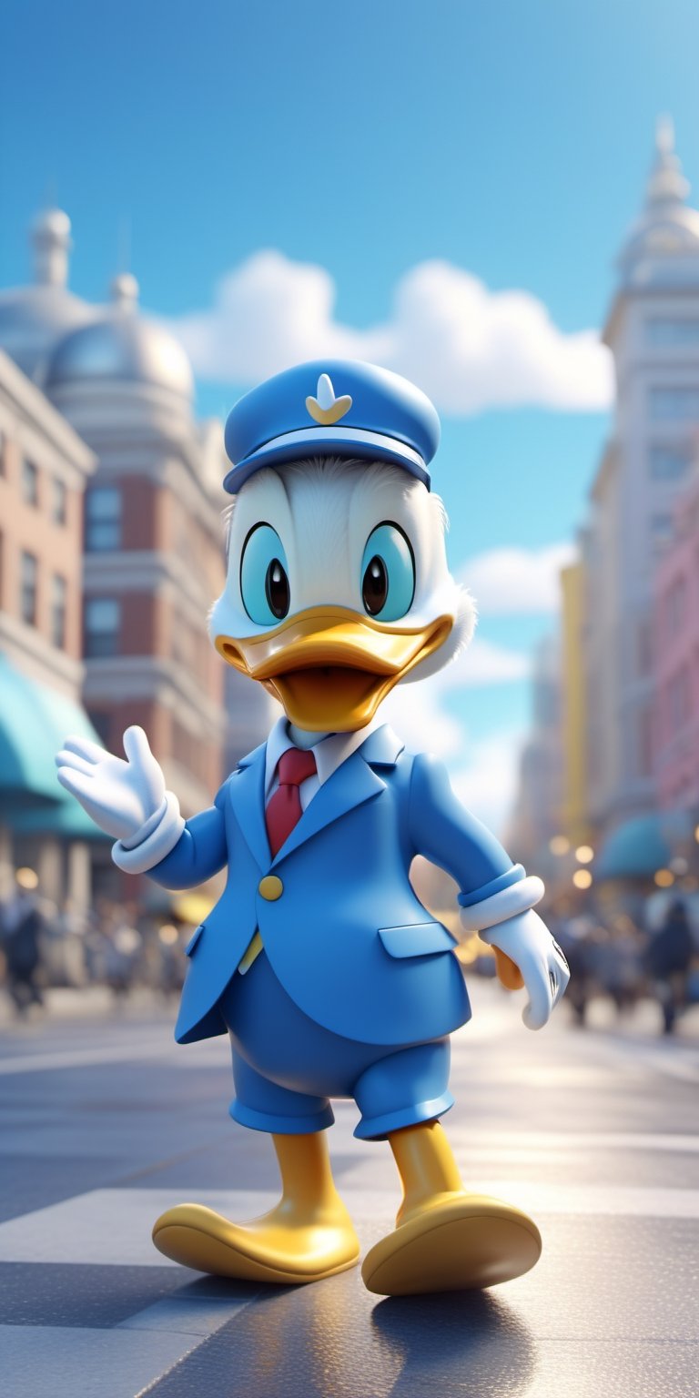 Donald Duck wearing blue suite, walking in city, white gloves cheerful, 3d, C4D, mixer, Octane rendering, (city background:1.5), Masterpieces in pastel colors, Soft material, Best Quality, super detaill, High Quality, 4k, (3d, cute, chibi style), ((perfect high detailed image)),