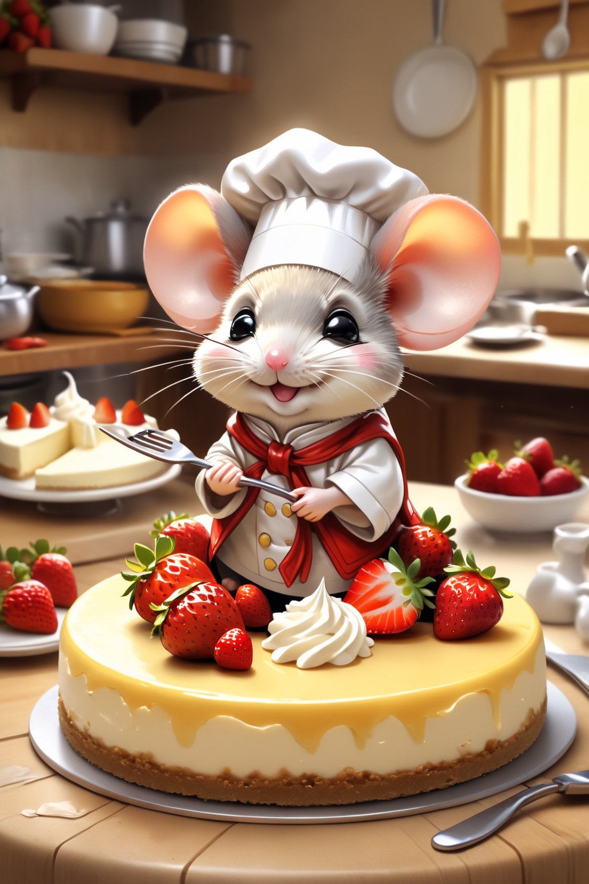 chibi, perfect-composition, Perfect pictorial composition, Creative poster, Cute, (mouse dressed as a chief), (mouse as chef), (Decorating a Really Delicious Cheesecake), (Cream cheese cake with strawberries), (messy table), (There are pieces of cheese scattered around.), (Best Quality:1.2), (Ultra-detailed), (Photorealistic:1.37), (HDR), (Vivid colors), (portrait of a), (Warm and bright color tones), (Soft diffuse lighting)