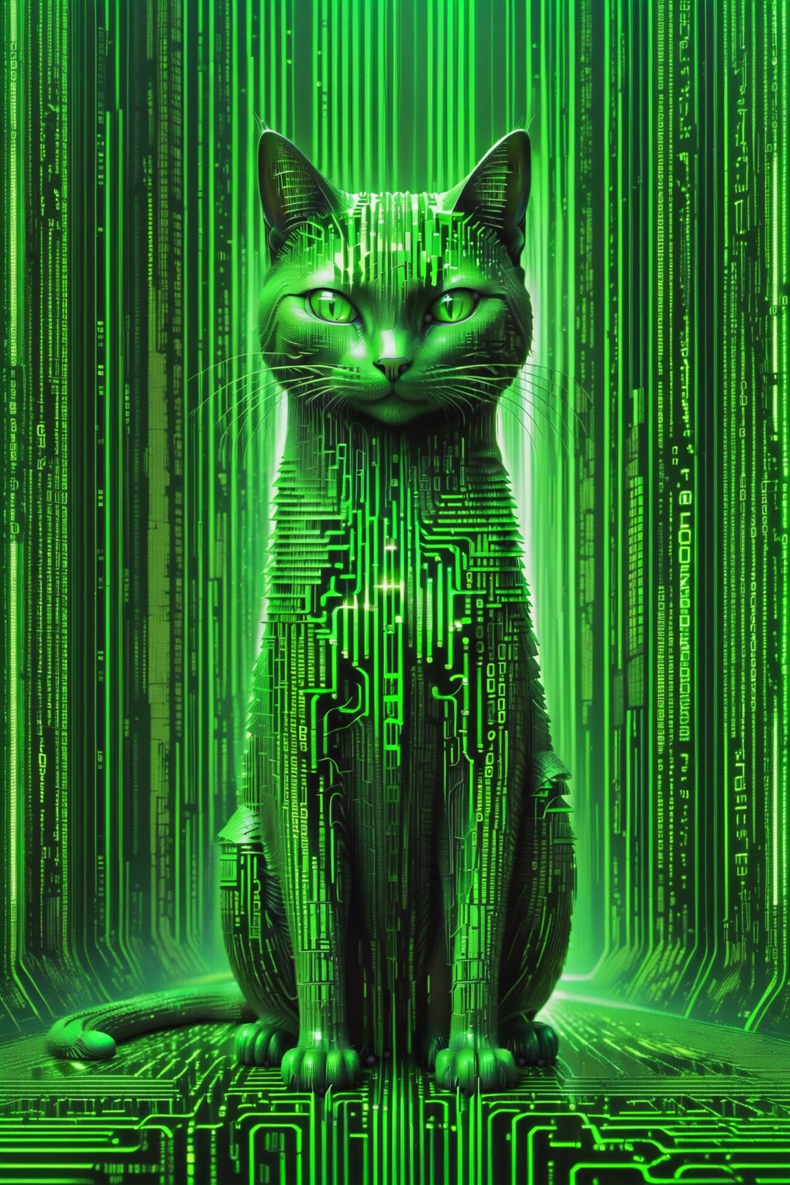 high quality, 8K Ultra HD, Imagine a vibrant canvas illuminated by a cascade of green binary code, forming a silhouette of a sitting cat, dynamic lines and patterns similar to the matrix, Alphabet Rain in the Matrix, vertical lines of green matrix code