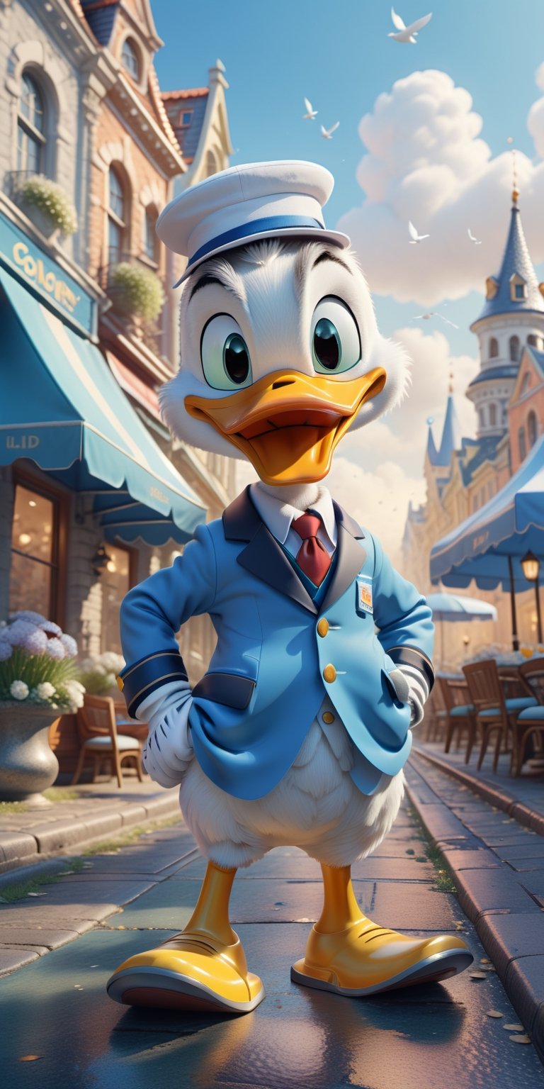 Donald Duck wearing blue suite, walking in city, white gloves cheerful, 3d, C4D, mixer, Octane rendering, (city background:1.5), Masterpieces in pastel colors, Soft material, Best Quality, super detaill, High Quality, 4k, (3d, cute, chibi style), ((perfect high detailed image)),