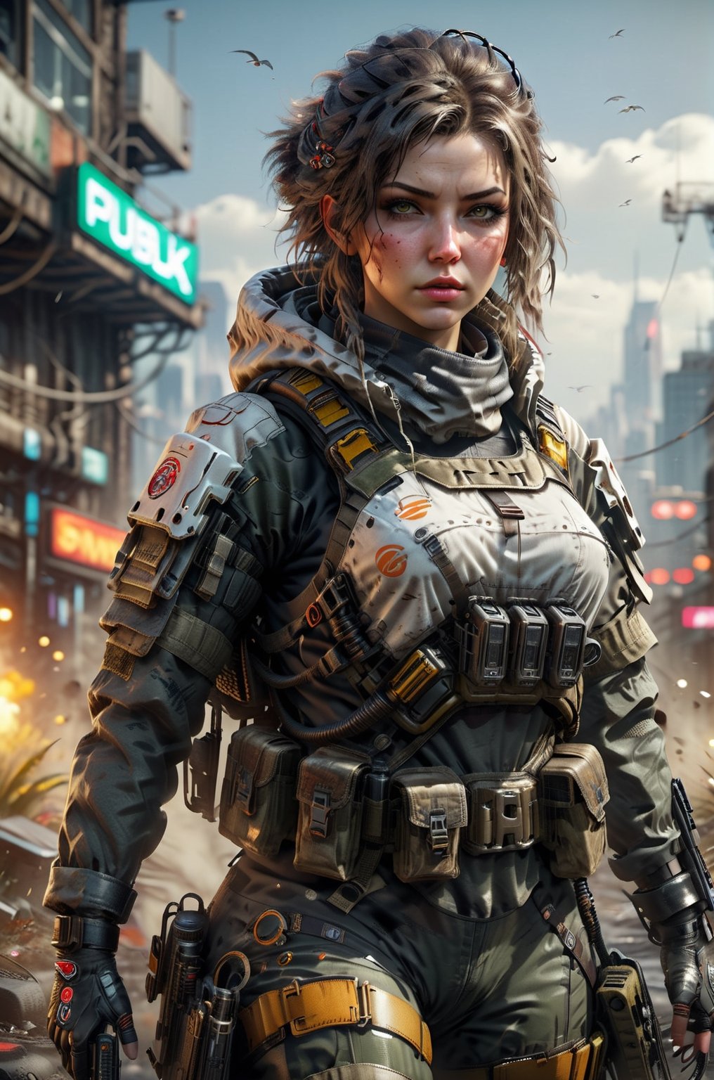 ((Best Quality)), ((Masterpiece)), (High Detail:1.3), 3d, machine gun in hand, beautiful (The cyberpunk:1.2) Special Forces, robort, woman with thick voluminous hair in (camouflaged_Uniform:1.1), bulletproof vest, Raincoat, digital (camouflaged: 1.3), HDR (High Dynamic Range), ray tracing, NVIDIA RTX, The ultra-Highres, Unreal 5, Subsurface scattering, PBR Texturing, Post-Processing, Anisotropic Filtering, Depth of field, Maximum Sharpness and Sharpness, multi-layered texture, albedo and reflection maps, Surface Shading, accurate simulation of the interaction of light and material, ideal proportions, Octane rendering, two-color lighting, Wide Aperture, low ISO, white balance, rule of thirds, 8K Raw, Effective subpixel, subpixel convolution,arcane,stalker