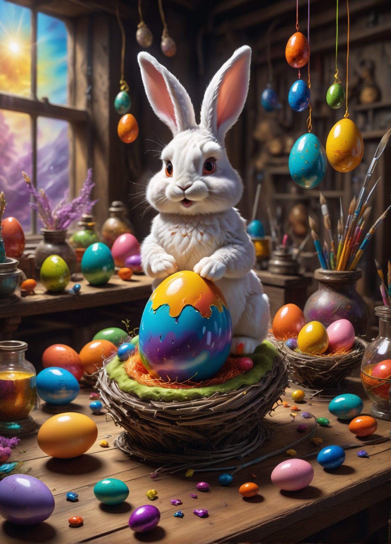 "Produce a super realistic painting in the classic painting style featuring Easterbunny crafting an incantation, (creating a little colorful magic egg in a nest:1.6), standing on an old carved table in a colorful factory laboratory. fantastic view. swirling ink, Masterpiece, (wide angle shot), warm and pleasant soft lighting, amazing sun, amazing depth of field, high detail, perfect accuracy, perfect composition. Ensure the image radiates high-quality details, capturing the essence of a whimsical and cute fluffy cute Easterbunny holding a magic egg in a colorful factory laboratory."