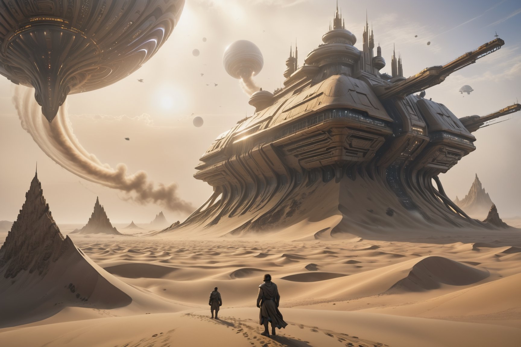 (Best quality), (masterpiece), (ultra detailed), (high detailed), (extremely detailed), Dune concept art, Clean and neat tones, Sci-fi base scene, Huge scene, Square-shaped complex, Soviet aesthetic architecture, huge buildings, There are many ships in the air, Size contrast, Timothée Chalamet in the movie Dune, standing with many Dune style soldiers, Big scenes of war, smog, epic concept art, Fine 8K, vray, Wasteland Science Fiction,LegendDarkFantasy