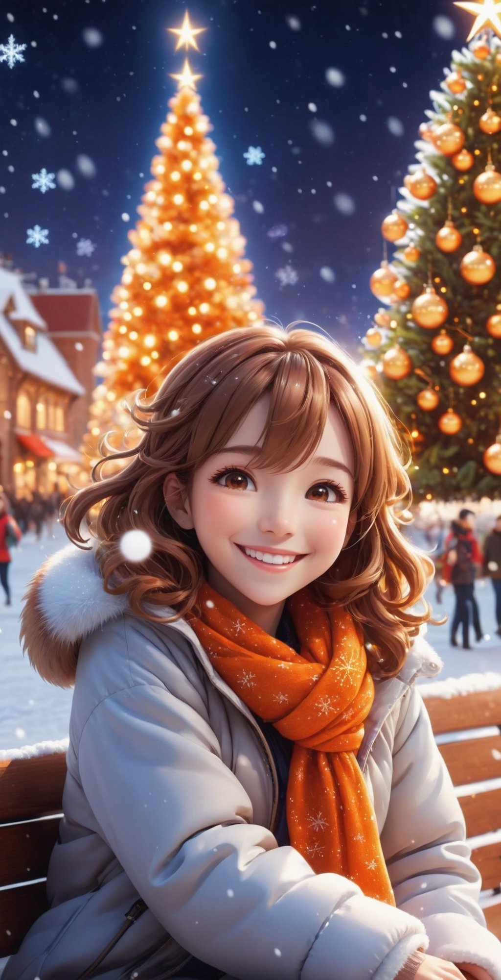 ("MERRY CHRISTMAS" text logo), A happily smiling woman (beautiful face), (Christmas Party: 1.5), brown and orange tones, Christmas, grains of light, clock tower, glowing illuminations, illuminated scenery, silver world, snow, glowing snowflakes, Christmas neon lights, cute girl curled up to warm her hands, warm light, brick cityscape, bench, Christmas tree, short hair, happiness, joyful smiles. Epic, Celestial, decoration, fantasy world, cute world.Anime 