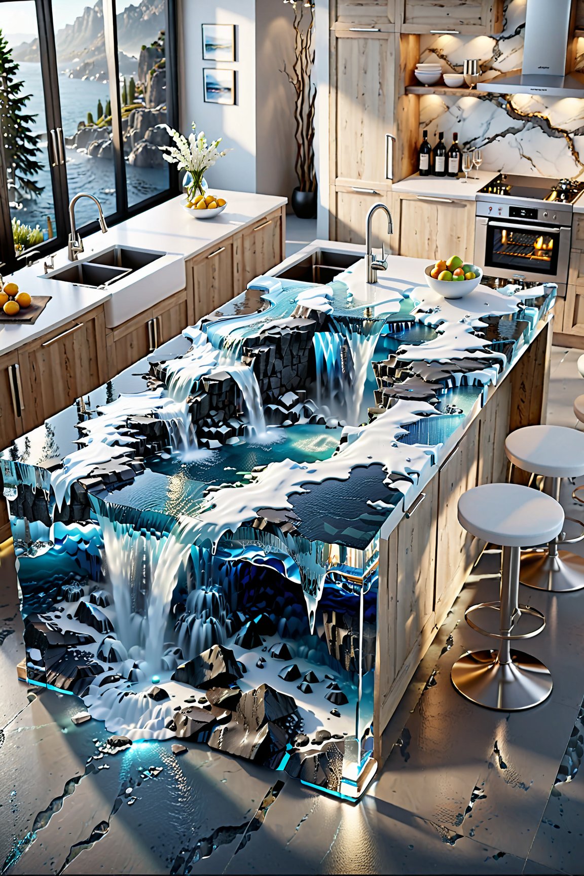 (masterpiece, best quality:1.4), a kitchen island with a waterfall in the middle of it, an exquisite 3 d map, trending on artstatioin, flowing realistic fabric, fantasy 4k, salt effects, big desk, autodesk, epicurious, trending on artsation, lava rock, by Arnold Brügger, high grain, surrealism designed,
ensure that the shadows and lighting looks realistic and believable,
ensure that the kitchen island looks extremely realistic and believable,
ensure that the water and ice, looks extremely realistic and believable,
16k, high-difinition, 32-Bit-high color, high-resolution, high-fidelity, high-quality, ultra HD, super-resolution, enhanced detail, crystal clear, high-definition color, high-definition texture, sharpness boost, ultra-high quality,
make the effects extrem photorealistic, make the light and shadow more realistic, (make the atmosphere more realistic:1.3), (make the background more interesting:1.2), make the backround more realistic, make water extrem ultra realistic, make all accessories extremely ultra realistic,
water element, water, ice and water, ice, water, water ring,more detail XL