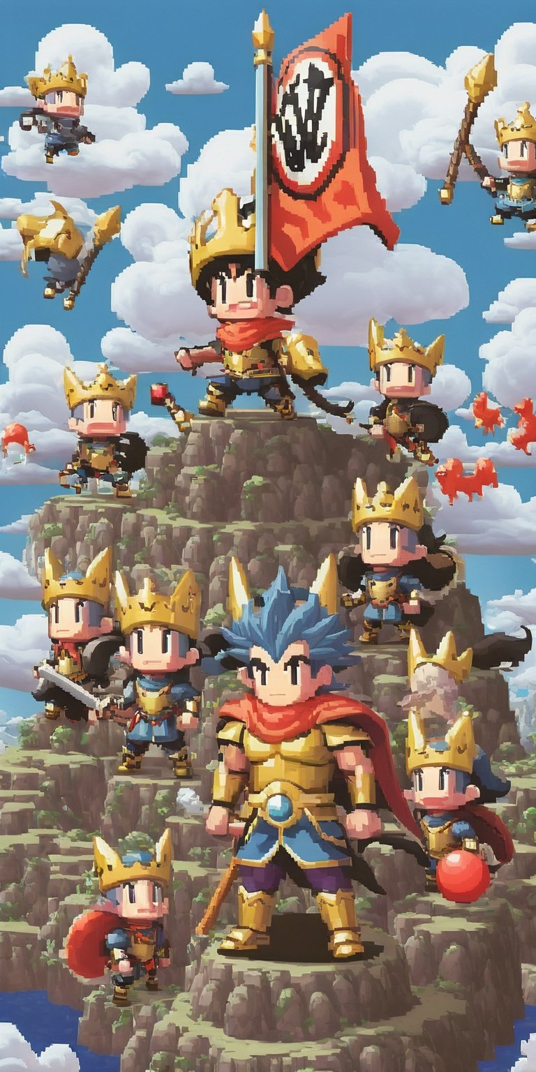 pixel games 《Dragon Quest》, GAMECHARACTER DESIGN, (Warriors:1.4), surrounded by clouds, 16-bit pixel art,pixel