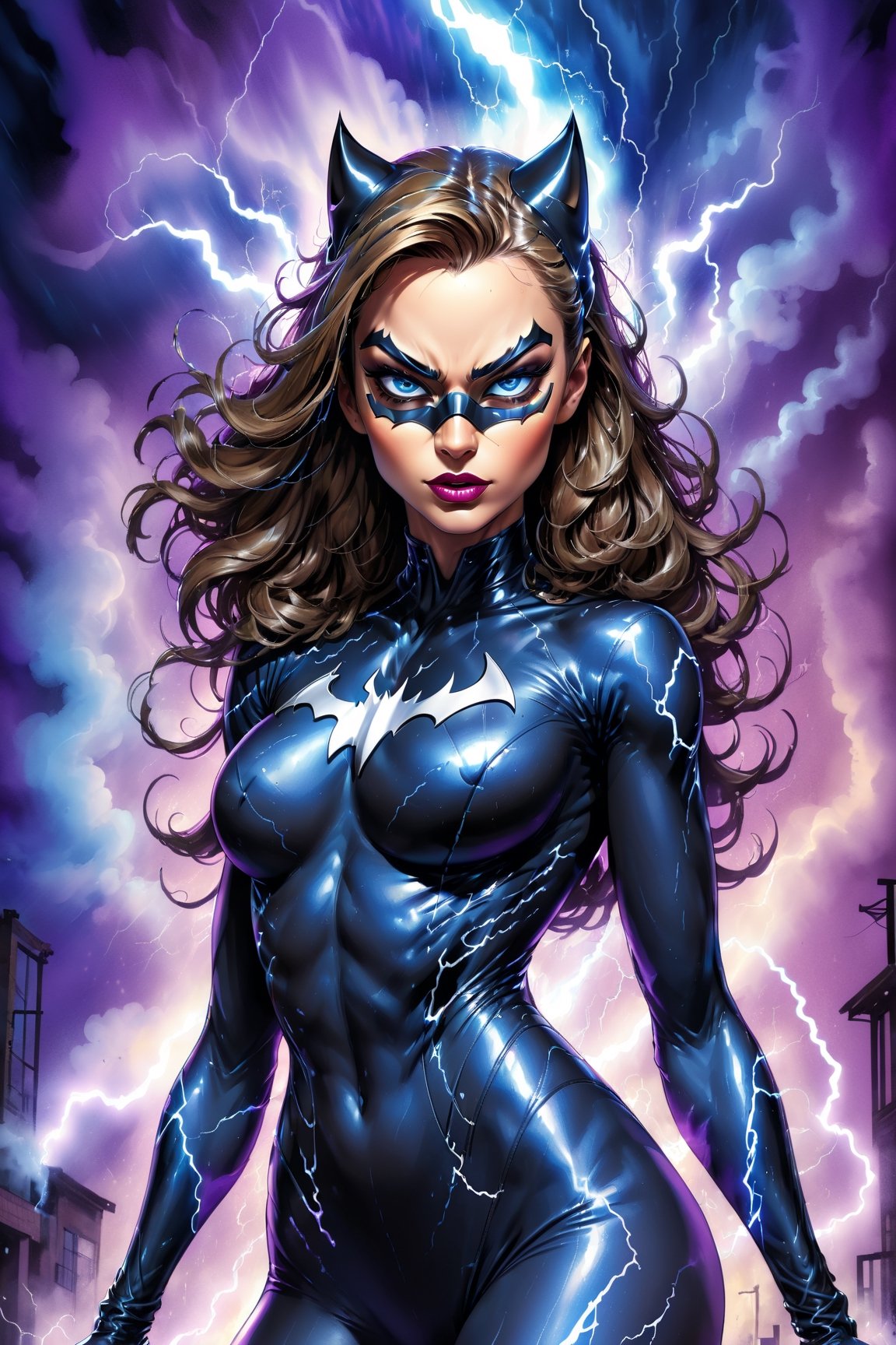 4K UHD illustration,  upscaled professional drawing HDR,  from DC comics in dynamic pose, full body image (:1.8) stunningly beautiful woman, intense blue eyes,  eyebrows tanned skin tone, detailed catwoman mask, gloss black form fitting full length bodysuit,  full lips, lips parted looking-into-camera, glowing lightning in background, swirling smoke eminating from fingertips, abandoned alley background, detailed night time, thunderstorm atmosphere, glowing blue eyes emitting eeire spectral glow, purple lightning thunderstorm in background, 300dpi, masterpiece style, painting style, stroke style in a dark background,watercolor, charcoal, pen & Ink, tshirt design style, aesthetic for Tshirt design, darktone,Leonardo Style
