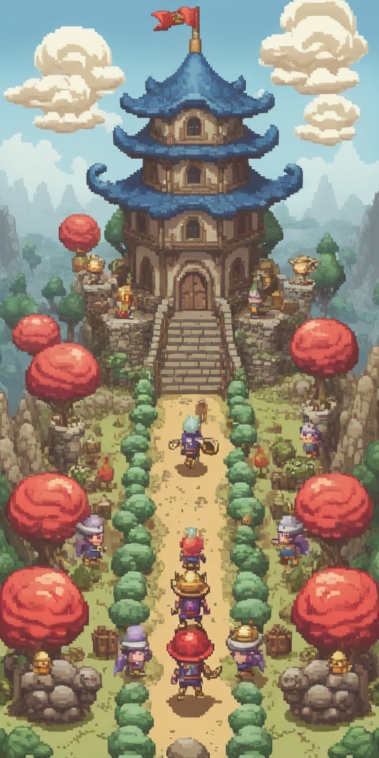 pixel games 《Dragon Quest》, GAMECHARACTER DESIGN, (Warriors:1.4), surrounded by clouds, 16-bit pixel art,pixel