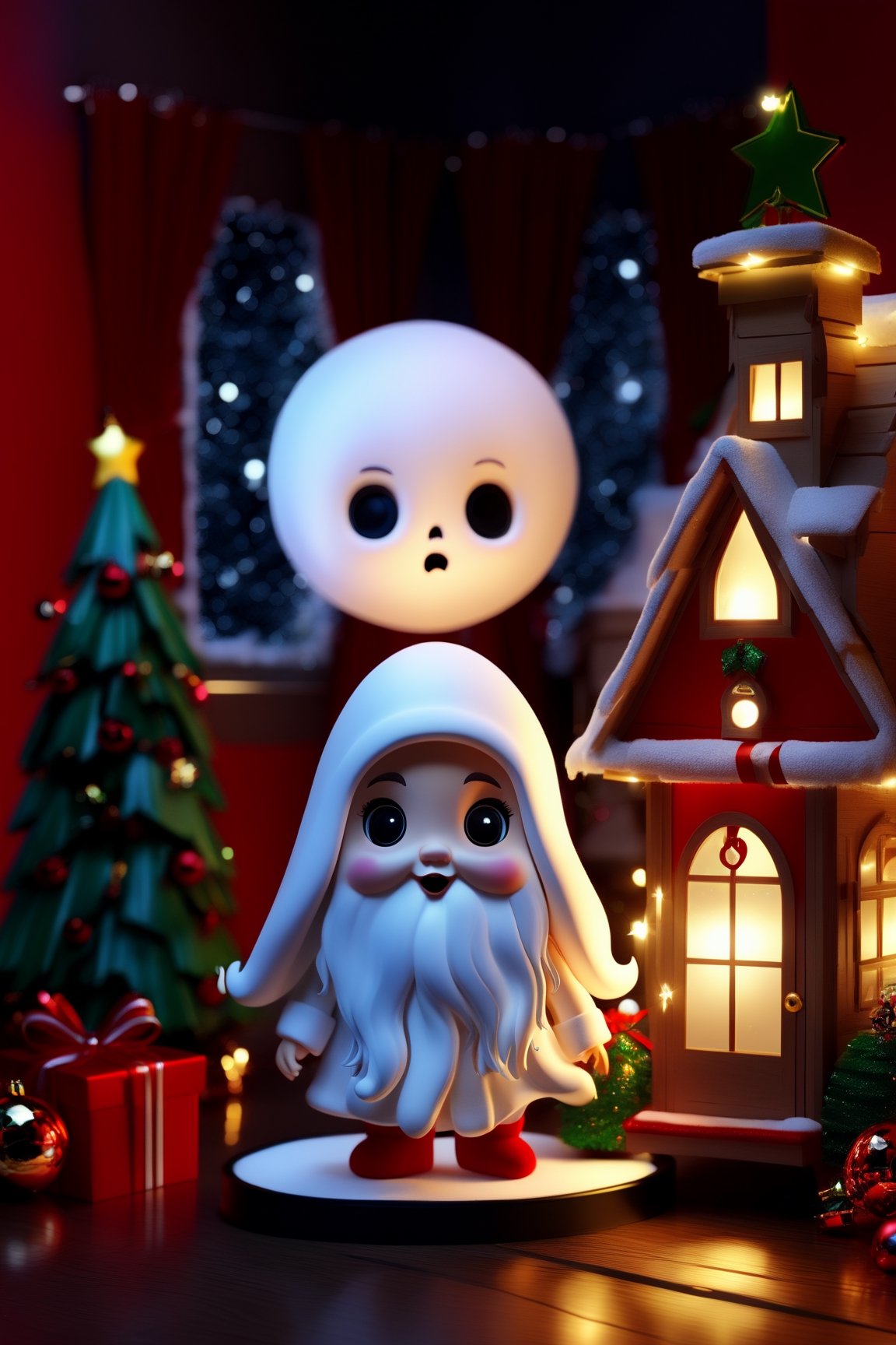 ((Best Quality, 8K, Masterpiece: 1.4)),((stunning detail: 1.3)),((Illustration: 1.2)),((high resolution: 1.1)), Christmas House, Christmas Forest, Ghost from Christmas past Encounter, Christmas Doll, Shadows of Christmas Ghost, Christmas Dollhouse, Mirror, Santa Claus, Christmas Activity, Christmas  Spirits, Blight Moon,
2D Animated CG Movie style, Christmas theme, chibi emote style