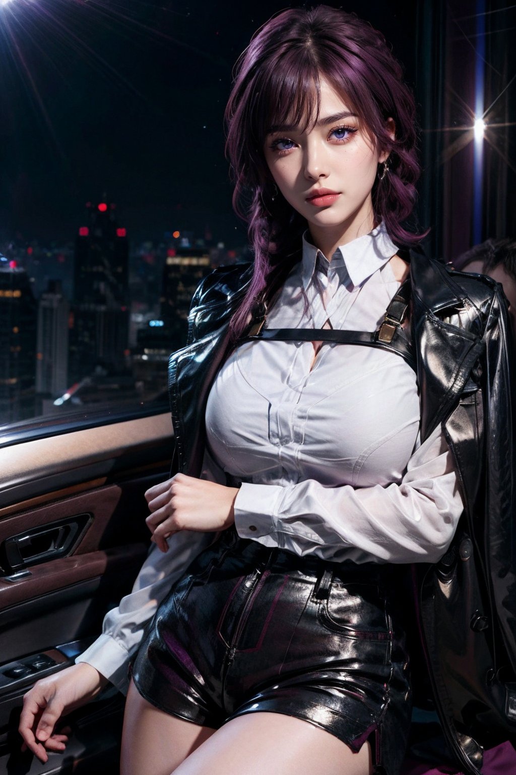 (photorealistic:1.4), raw photo, 1girl, purple eyes, purple hair, (eyewear on head), stellaron hunters outfit,  black jacket, jacket on shoulders, shirt, shorts, pantyhose, boots,deep shadow,  detailed face, detailed eyes, depth of field, bokeh, vibrant details, finely detailed, hyperrealistic, 35mm film, hazy blur,upper body,masterpiece,ultra realistic,32k,extremely detailed CG unity 8k wallpaper, best quality