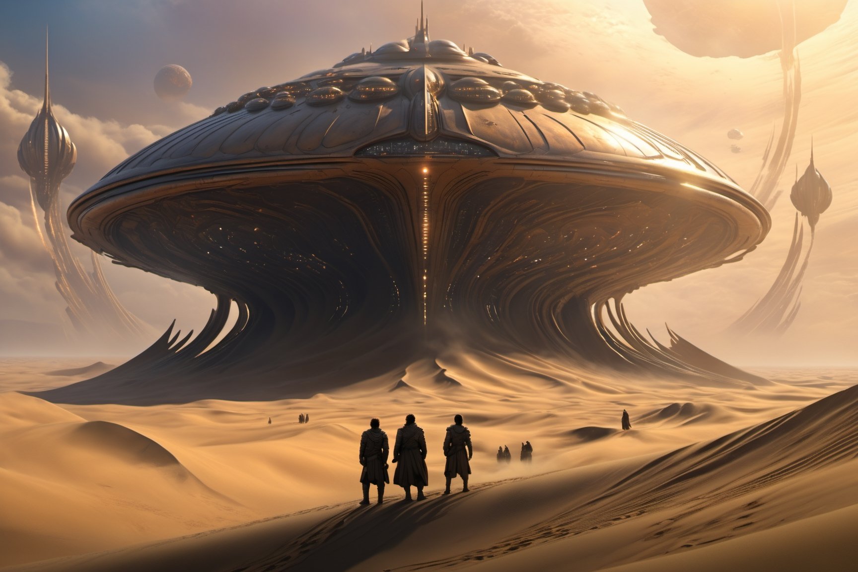 (Best quality), (masterpiece), (ultra detailed), (high detailed), (extremely detailed), Dune concept art, Clean and neat tones, Sci-fi base scene, Huge scene, Square-shaped complex, Soviet aesthetic architecture, huge buildings, There are many ships in the air, Size contrast, Timothée Chalamet in the movie Dune, standing with many Dune style soldiers, Big scenes of war, smog, epic concept art, Fine 8K, vray, Wasteland Science Fiction,LegendDarkFantasy