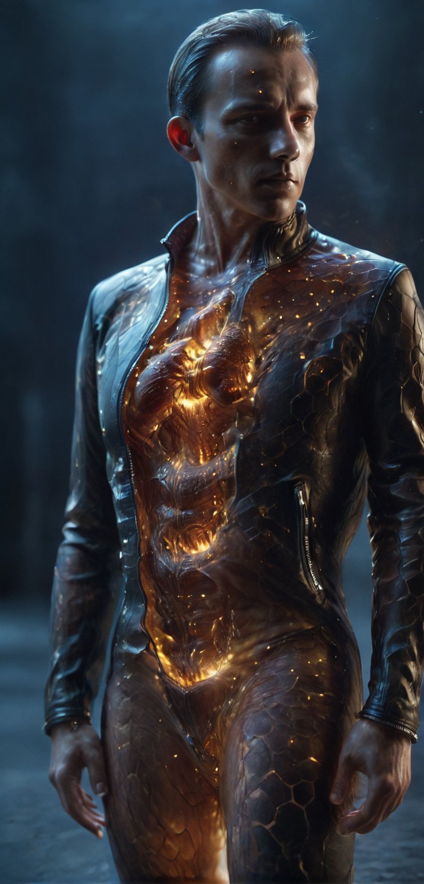 (super clear picture quality:1.8), masterpiece, best quality,
ultra-realistic mix fantasy, a man ((wearing an unzipped open leather jacket, vertical unzipped body, revealing an inner honeycomb pattern and a heart made of honeycomb:4)), symmetrical, Photorealistic, Hyperrealistic, Hyperdetailed, analog style, full body shot, detailed skin, matte skin, soft lighting, subsurface scattering, realistic, heavy shadow, masterpiece, best quality, ultra realistic, 8k, golden ratio, Intricate, High Detail, film photography, soft focus in the style of dark azure and light azure, mixes realistic and fantastical elements, vibrant manga, uhd image, glassy translucence, vibrant illustrations, ultra realistic, mysterious, fantasy, very detailed, high resolution, sharp, sharp image, 4k, 8k, magic effect, (high contrast:1.4), dream art, diamond, mysterious colorful background, dark blue themes, real, holographic, holographic metal, machine, seethrough, glass art, magical holographic glow,xray,tranzp