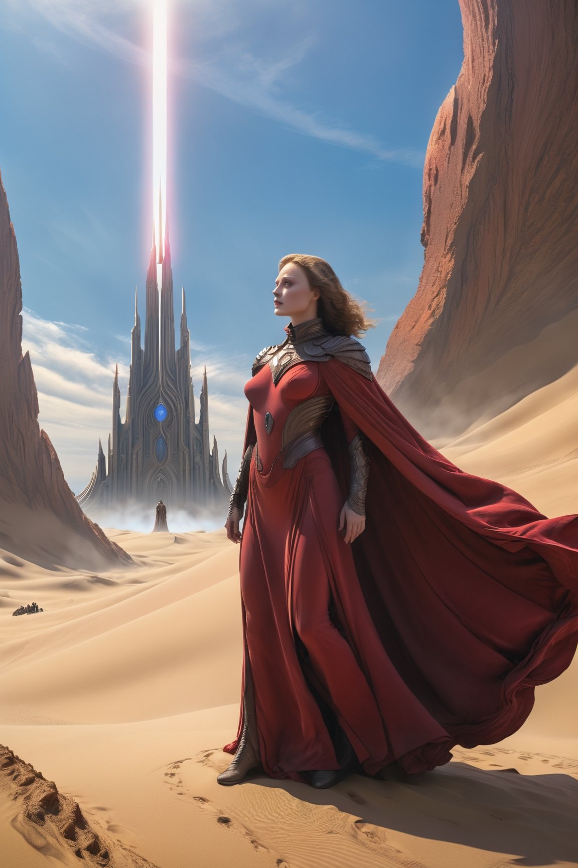 (Best quality), (masterpiece), (ultra detailed), (high detailed), (extremely detailed), Dune concept art, Clean and neat tones, Sci-fi base scene, Huge scene, a character from dune movie, a woman in a red dress standing in a church, light blue eyes, standing, outdoors, sky, day, cape, blue sky, buildings, scenery, cloak, pillar, statue, white cloak , sci fi, Dune style soldiers standing around woman,LegendDarkFantasy