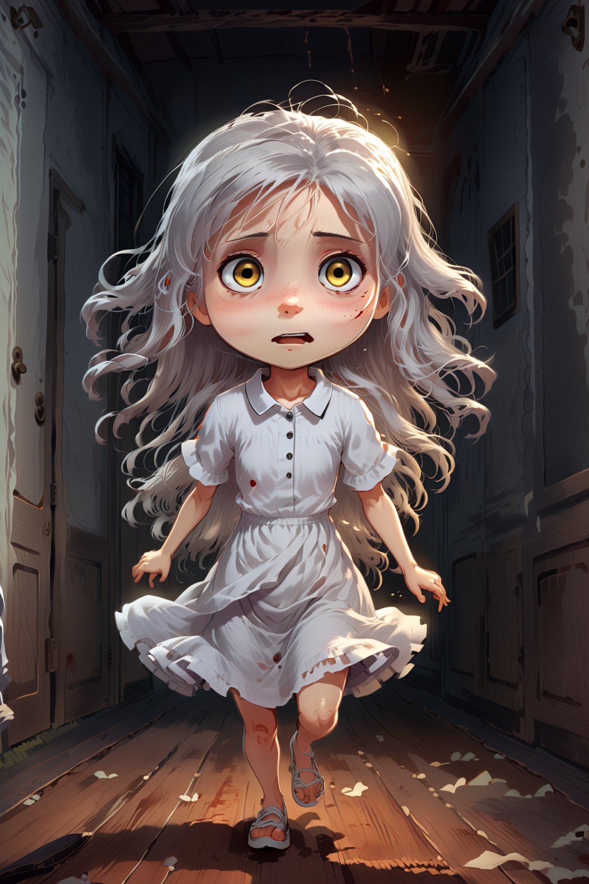 ((Best Quality, 8K, Masterpiece: 1.4)),Anime, white hair, long hair, gray silver white eyes, barefoot, white shirt, plain Gown, in a Haunted house horror, loli, kid, child, petite body, horror cinematic, scared, running away from the creepy monster behind her, 2D Animated CG Horror Movie style,chibi emote style