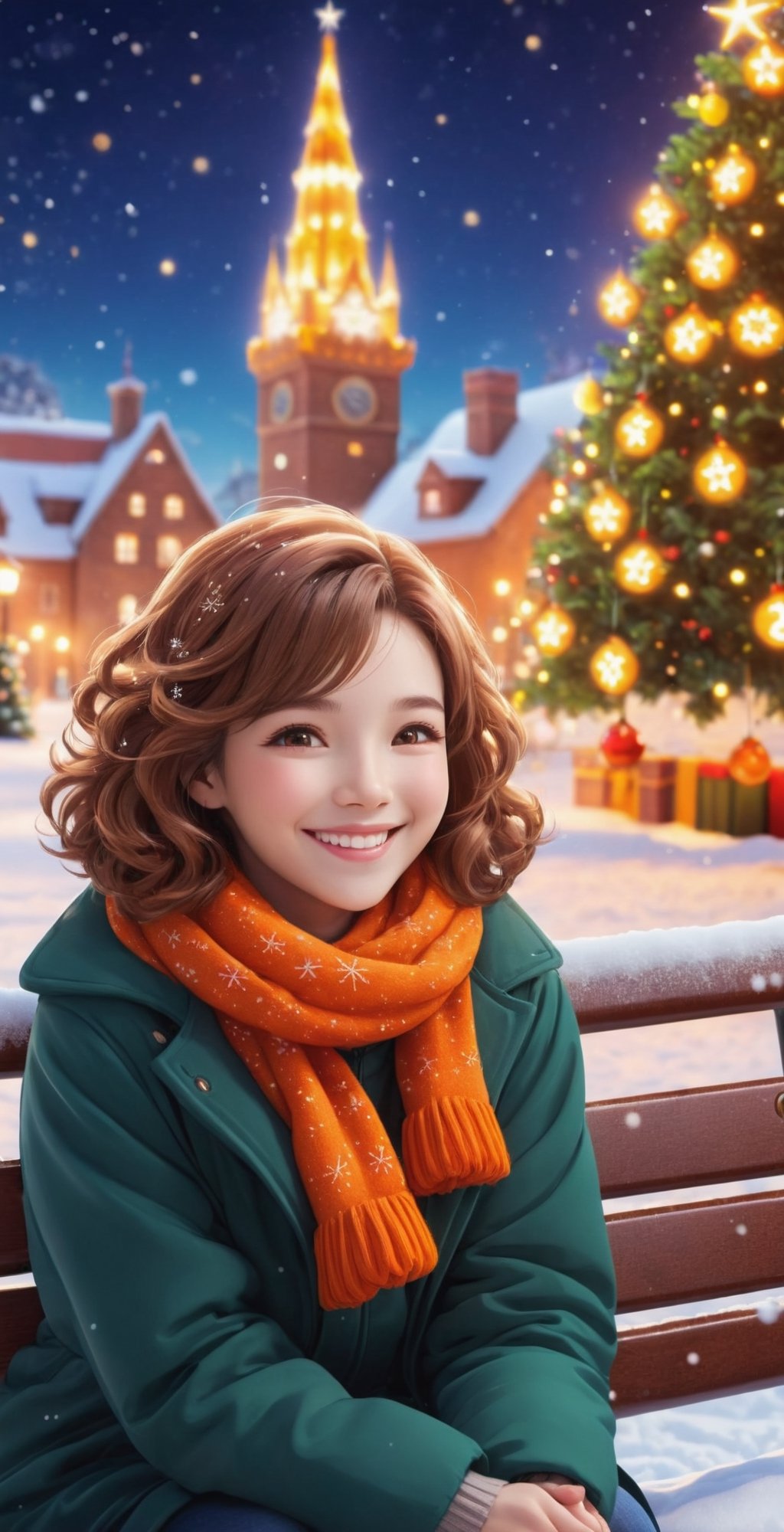 ("MERRY CHRISTMAS" text logo:1.5), A happily smiling woman (beautiful face), (Christmas Party:1.2), brown and orange tones, Christmas, grains of light, clock tower, glowing illuminations, illuminated scenery, silver world, snow, glowing snowflakes, Christmas neon lights, cute girl curled up to warm her hands, warm light, brick cityscape, bench, Christmas tree, short hair, happiness, joyful smiles. Epic, Celestial, decoration, fantasy world, cute world,Anime,Text