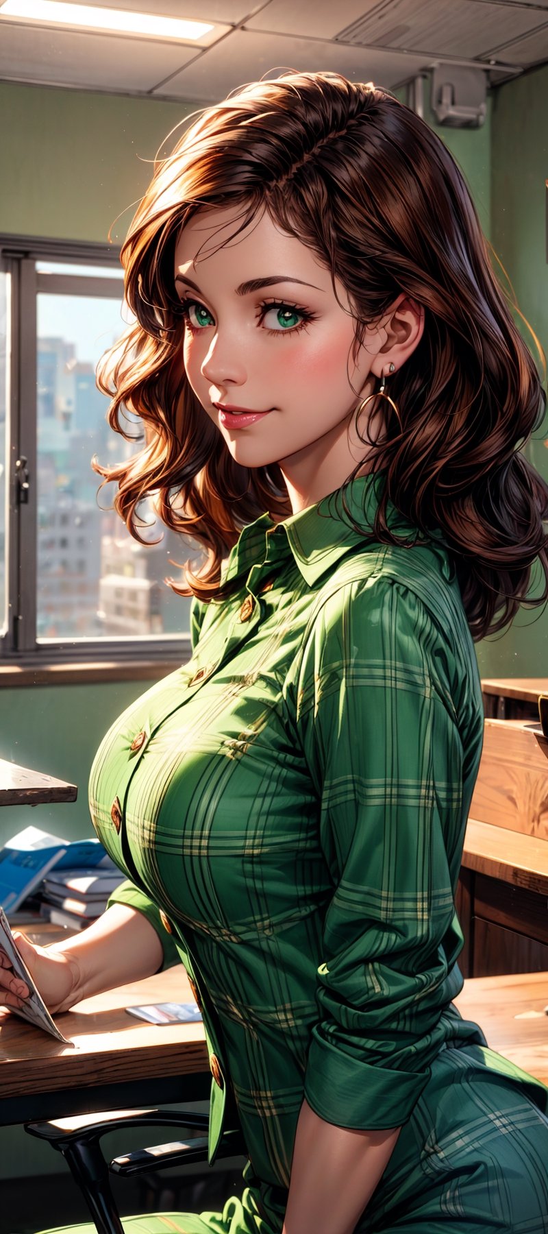 ((top quality)), (8k, RAW photo, best quality, masterpiece:1.2), (realistic, photo-realistic:1.4), 1 girl, wavy hair, office lady, large breast, wearing a green plaid vest, wears green shirt, green flare skirt, earrings, brown hair, cute face, smile, blushing, gets on the step stool and take the document from the bookshelf, in the office, back view, backward, low angle, angle of view looking up from below, shamrock,  ,perfect split lighting