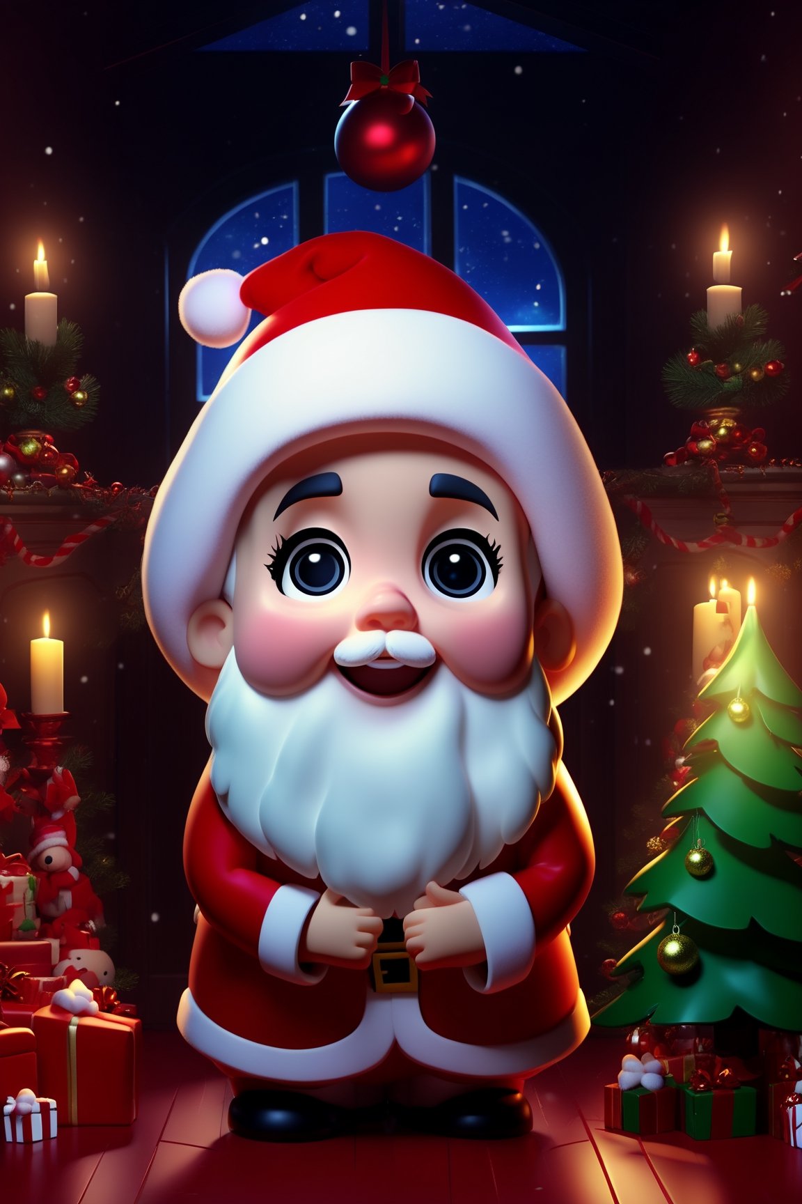 ((Best Quality, 8K, Masterpiece: 1.4)),((stunning detail: 1.3)),((Illustration: 1.2)),((high resolution: 1.1)), Christmas House, Christmas Forest, Ghost from Christmas past Encounter, Christmas Doll, Shadows of Christmas Ghost, Christmas Dollhouse, Mirror, Santa Claus, Christmas Activity, Christmas  Spirits, 2D Animated CG Movie style, Christmas theme, chibi emote style