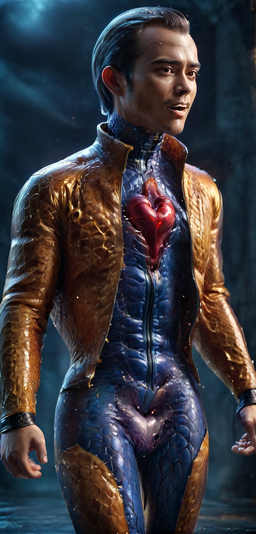 (super clear picture quality:1.8), masterpiece, best quality,
ultra-realistic mix fantasy, a man ((wearing an unzipped open leather jacket, vertical unzipped body, revealing an inner honeycomb pattern and a heart made of honeycomb:4)), symmetrical, Photorealistic, Hyperrealistic, Hyperdetailed, analog style, upper body shot, detailed skin, matte skin, soft lighting, subsurface scattering, realistic, heavy shadow, masterpiece, best quality, ultra realistic, 8k, golden ratio, Intricate, High Detail, film photography, soft focus in the style of dark azure and light azure, mixes realistic and fantastical elements, vibrant manga, uhd image, glassy translucence, vibrant illustrations, ultra realistic, mysterious, fantasy, very detailed, high resolution, sharp, sharp image, 4k, 8k, magic effect, (high contrast:1.4), dream art, diamond, mysterious colorful background, dark blue themes, real, holographic, holographic metal, machine, seethrough, glass art, magical holographic glow,xray,tranzp